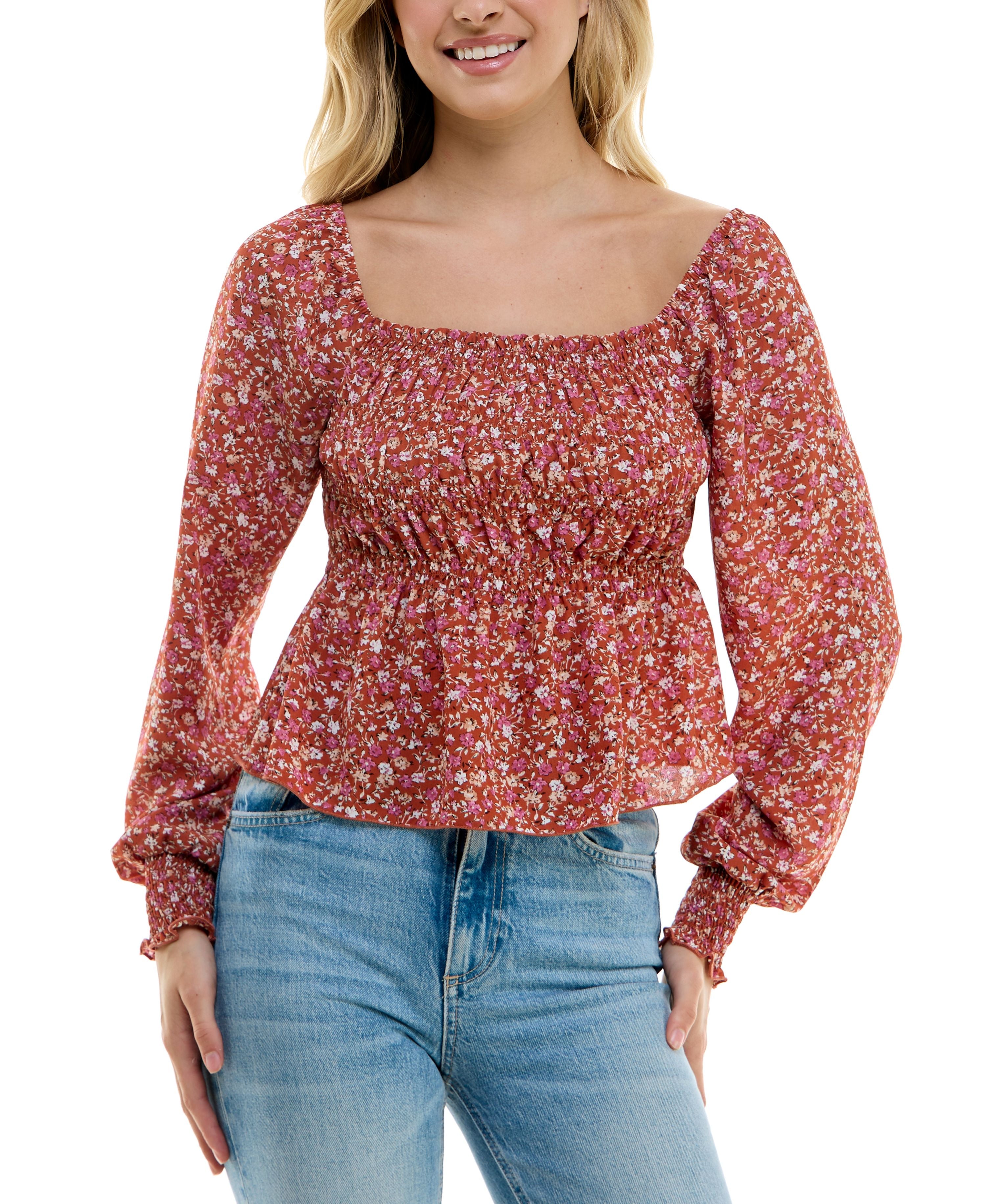 Juniors' Smocked Peplum Top