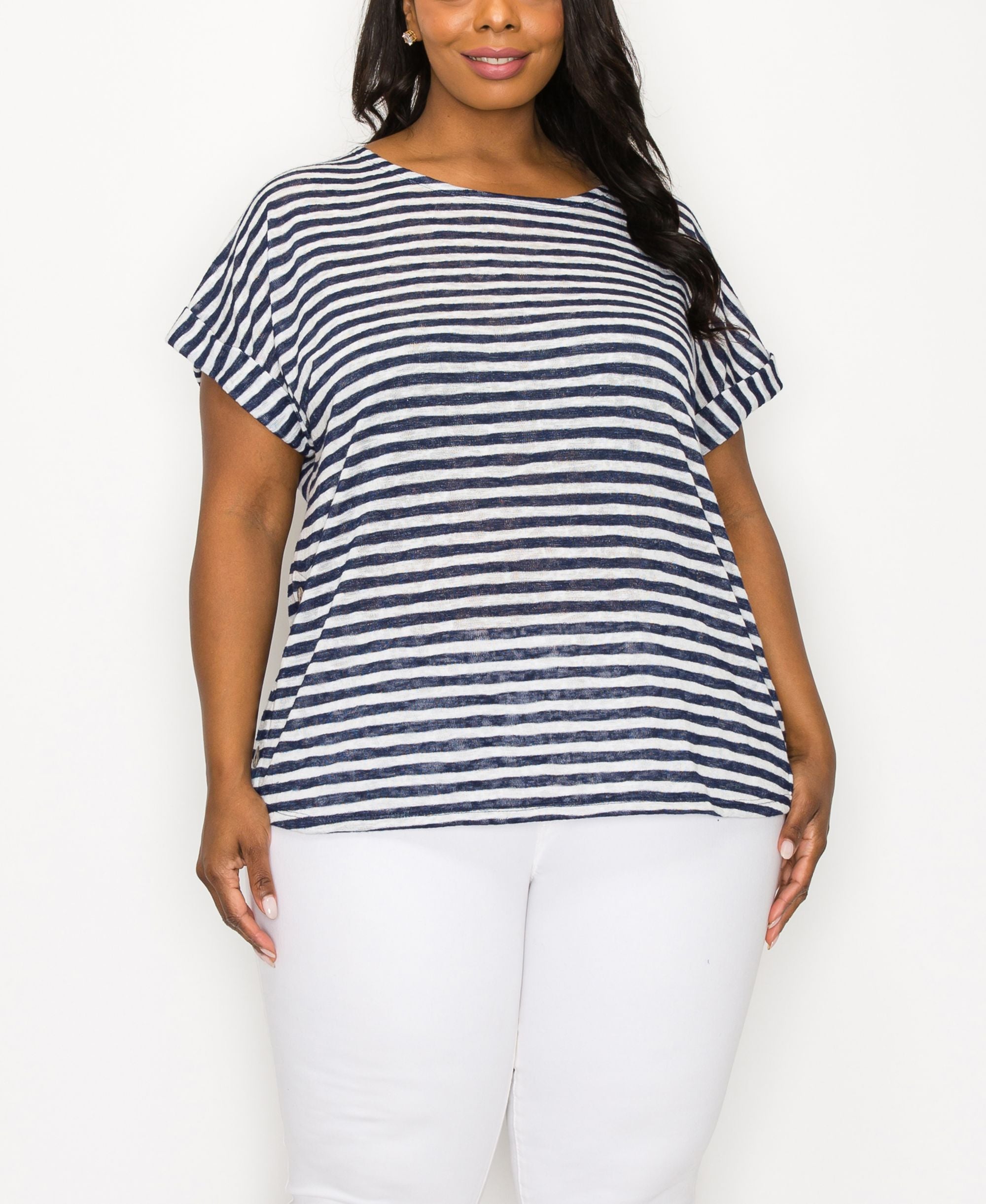 Plus Size Slub Stripe Roll Sleeve Side Button Top