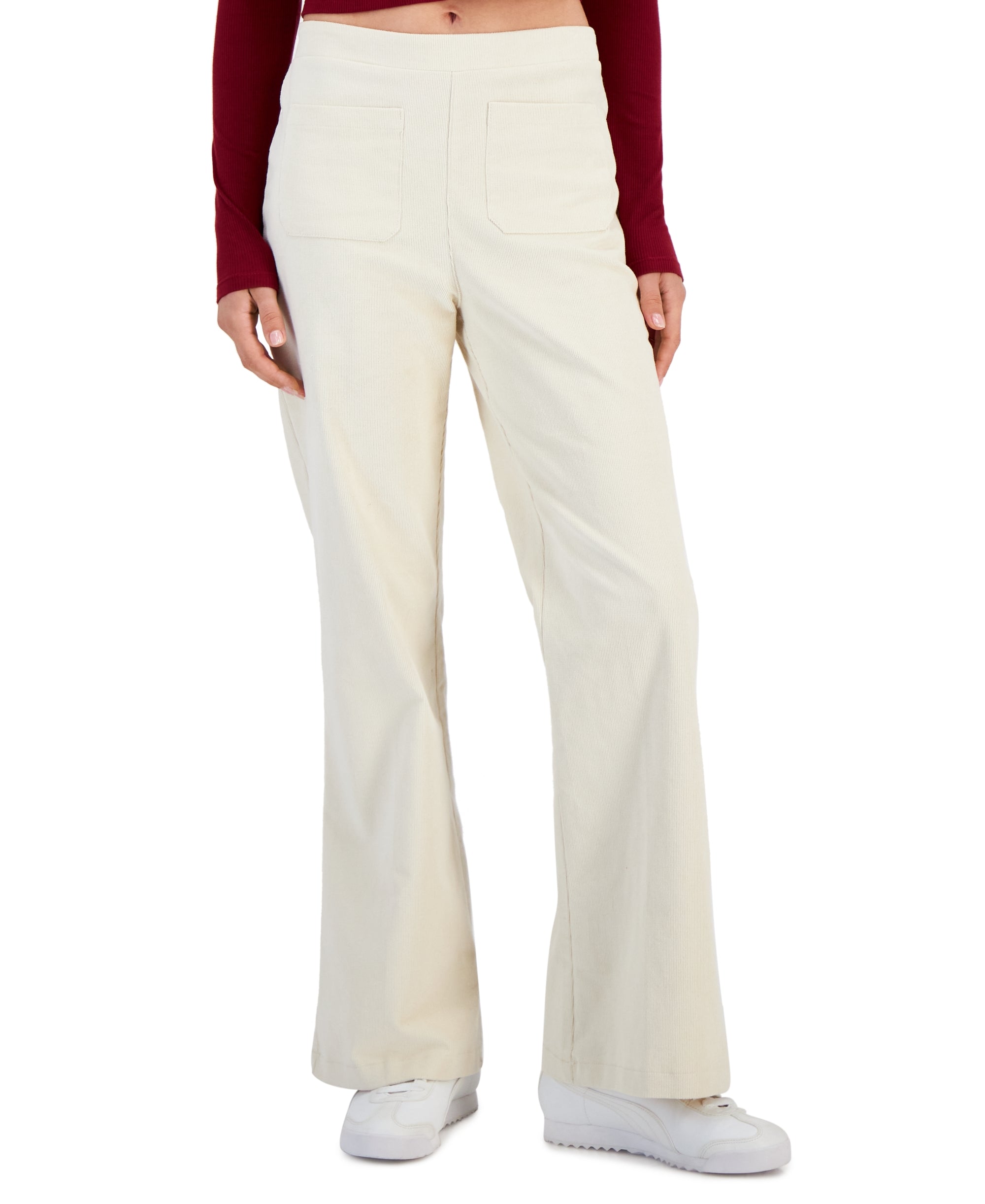 Juniors' Lace-Trimmed V-Neck Ribbed Top & Stretch Corduroy Flared-Leg Pants