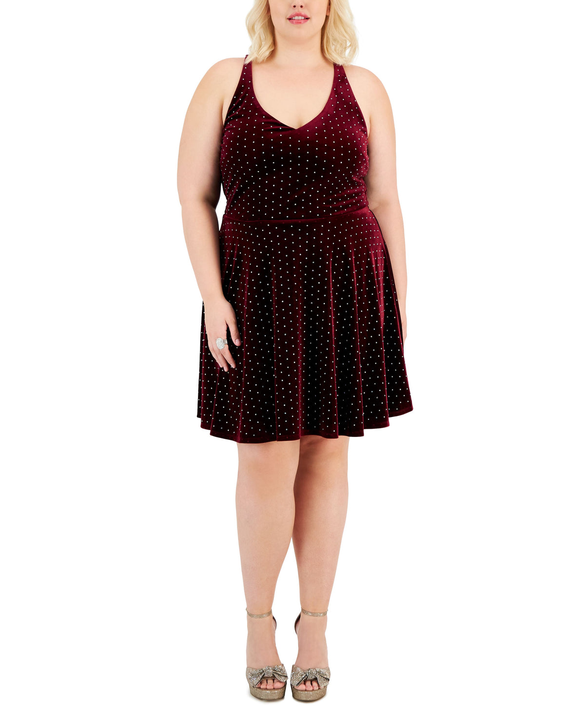 Trendy Plus Size Velvet Rhinestone Fit & Flare Dress