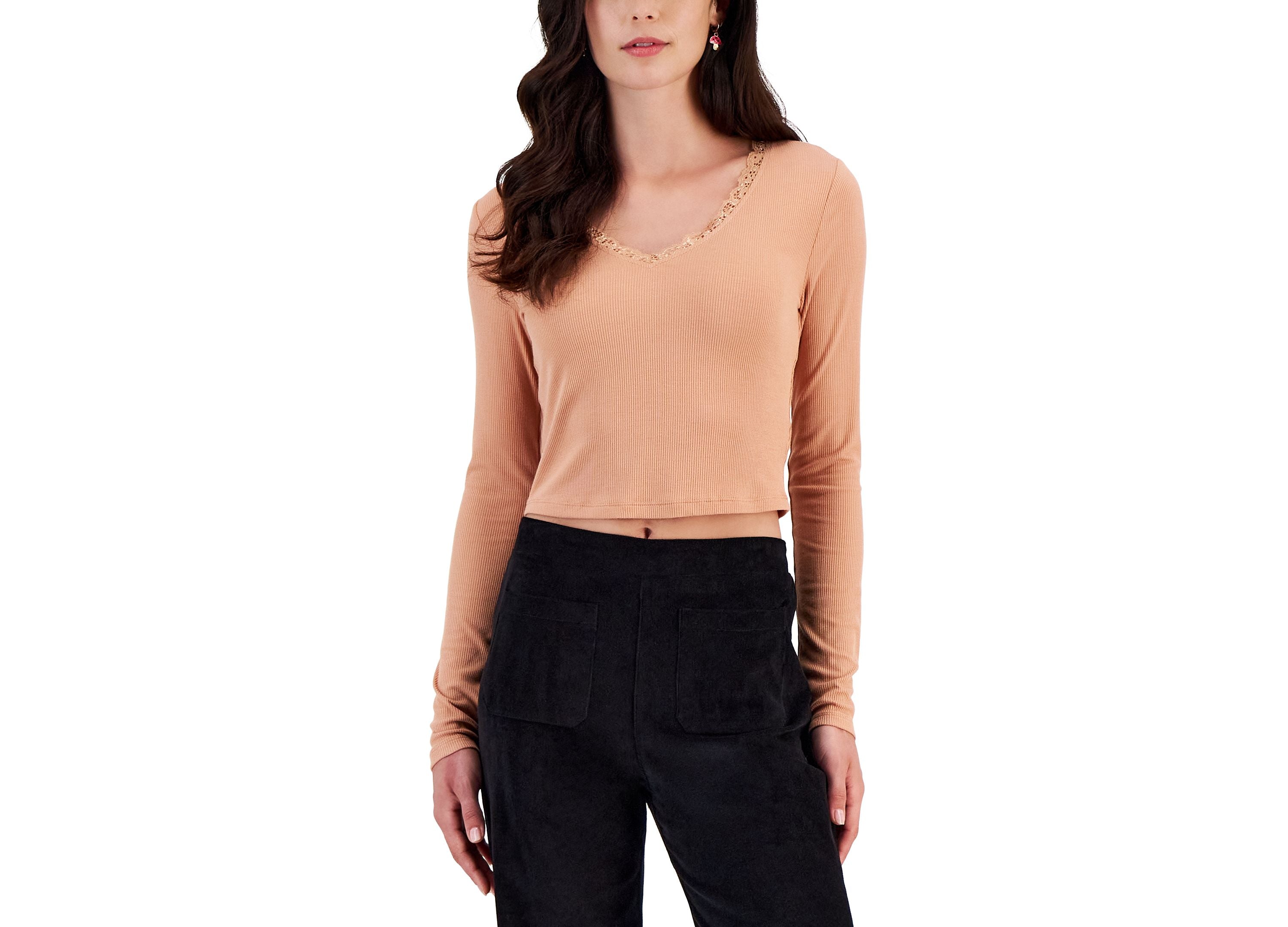 Juniors' Lace-Trimmed V-Neck Ribbed Top
