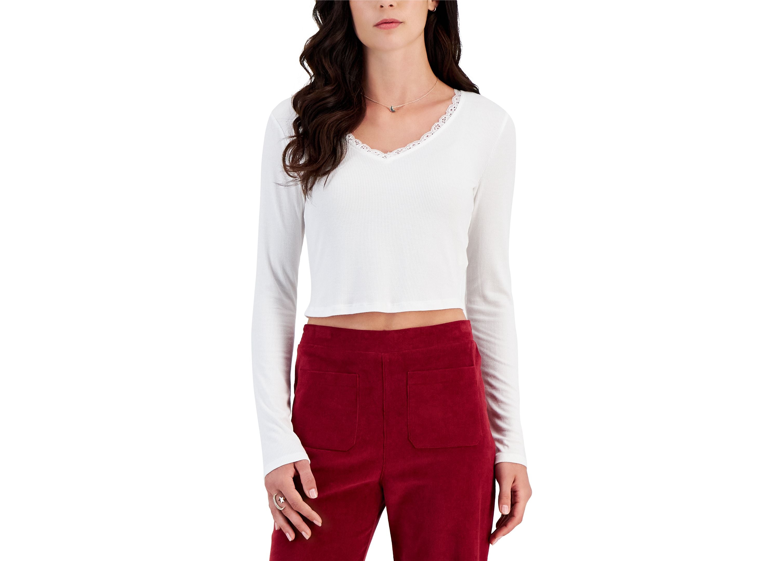 Juniors' Lace-Trimmed V-Neck Ribbed Top