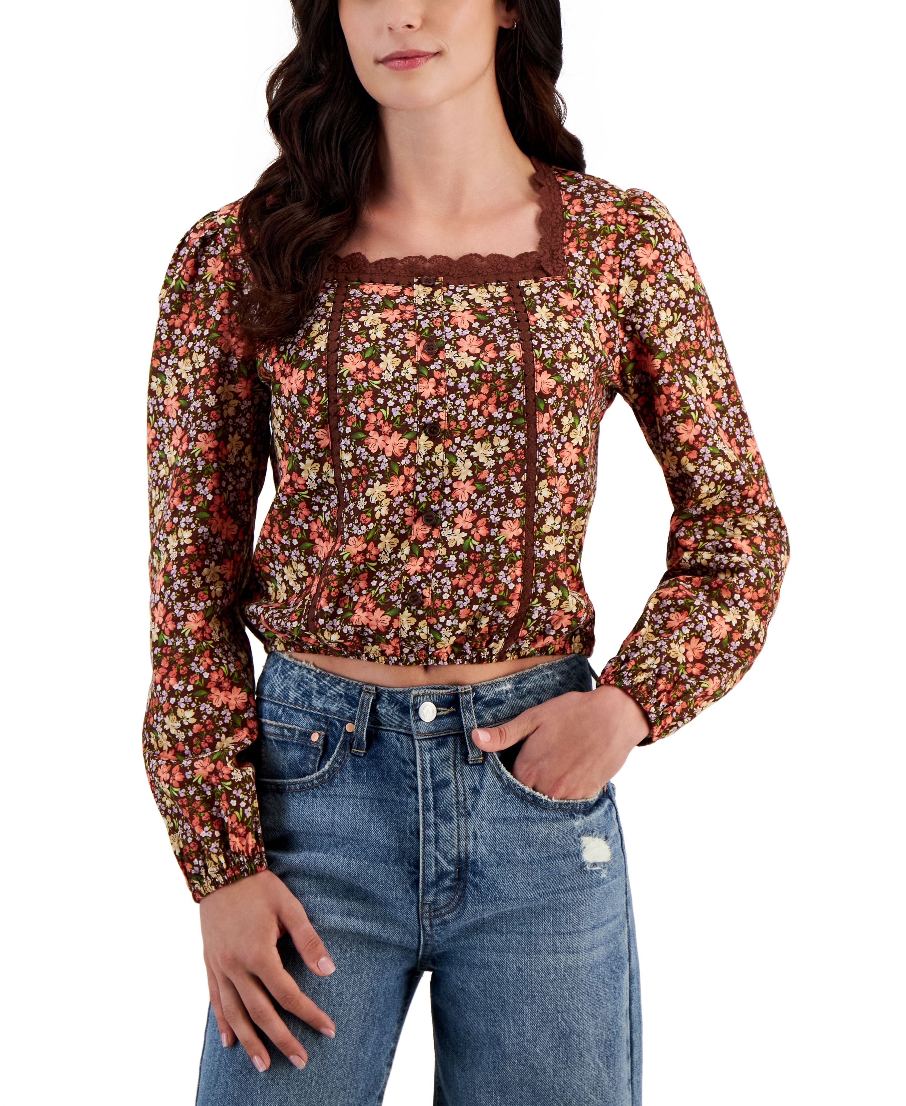 Juniors' Lace-Trimmed Square-Neck Top