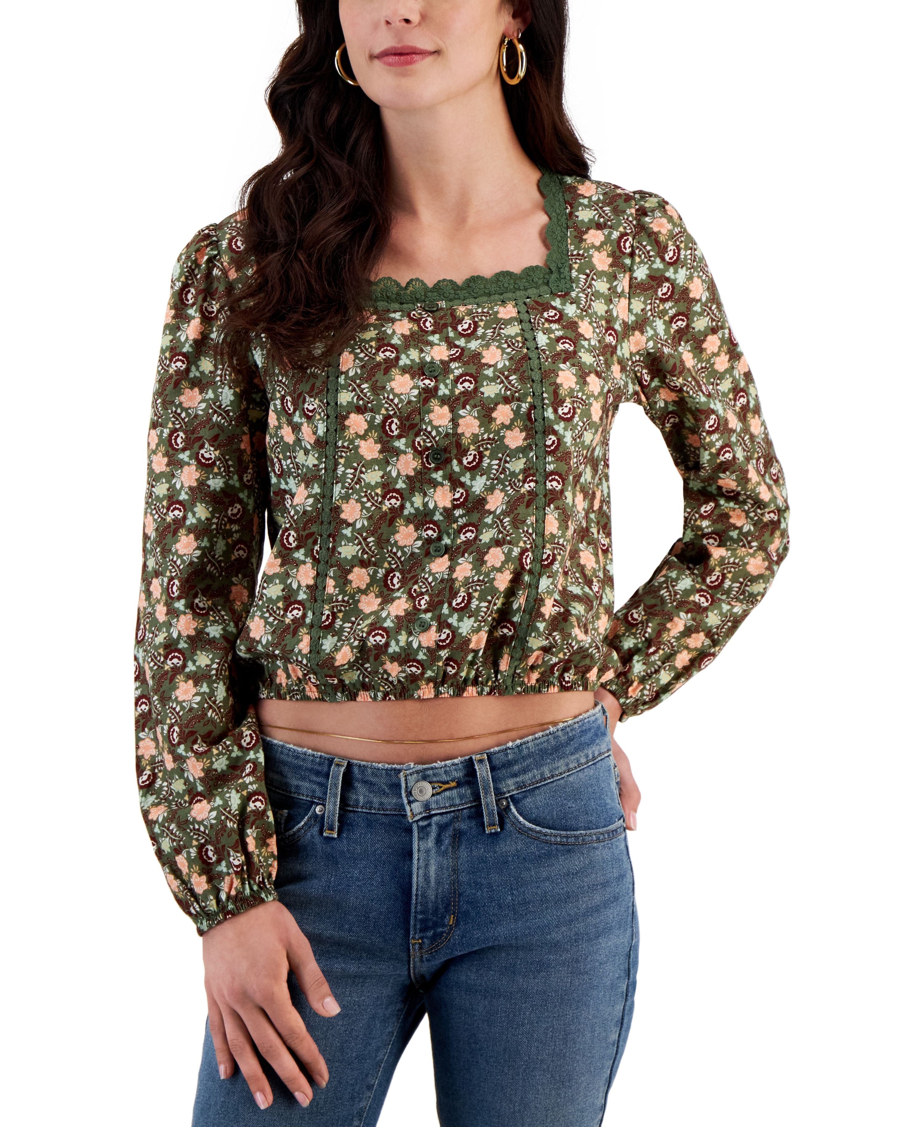 Juniors' Lace-Trimmed Square-Neck Top