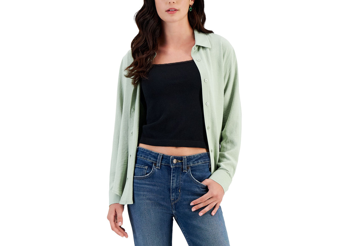 Juniors' Button-Up Long-Sleeve Boyfriend Shirt