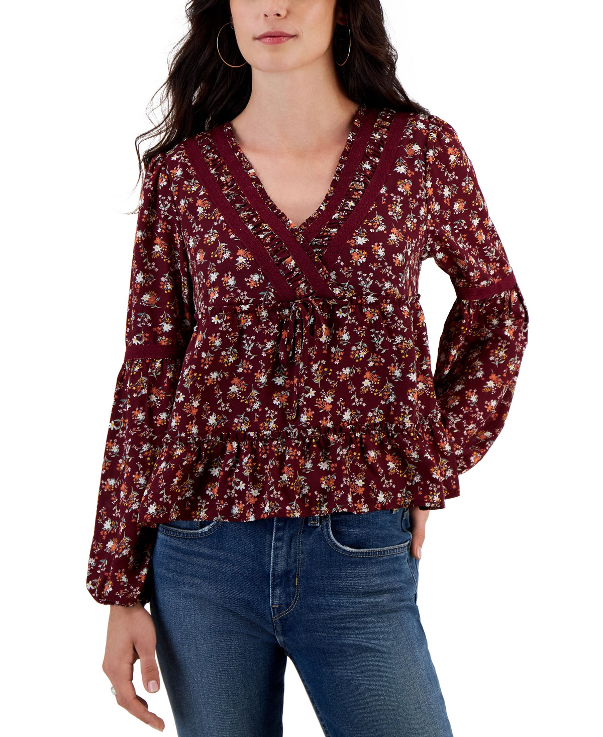 Juniors' Crochet-Trimmed Surplice Tiered Top