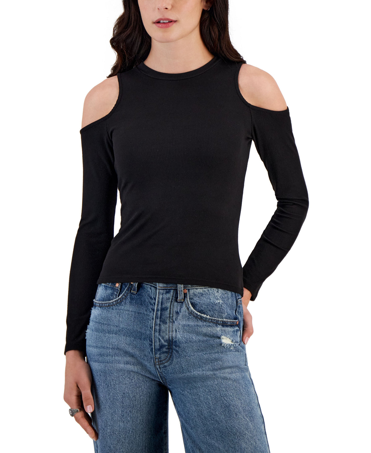 Juniors' Crewneck Cold-Shoulder Ribbed Top