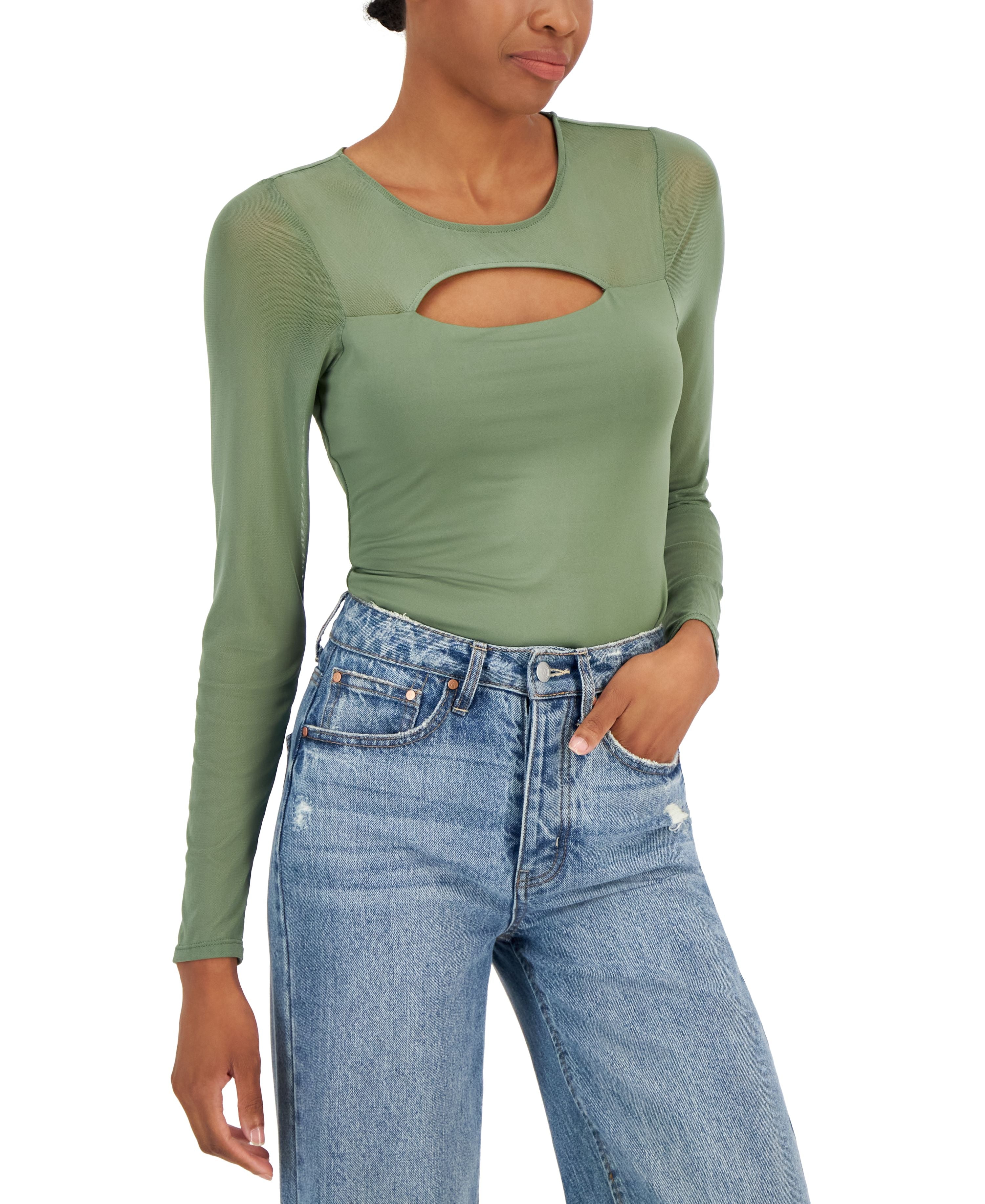 Juniors' Cutout Illusion Mesh Bodysuit