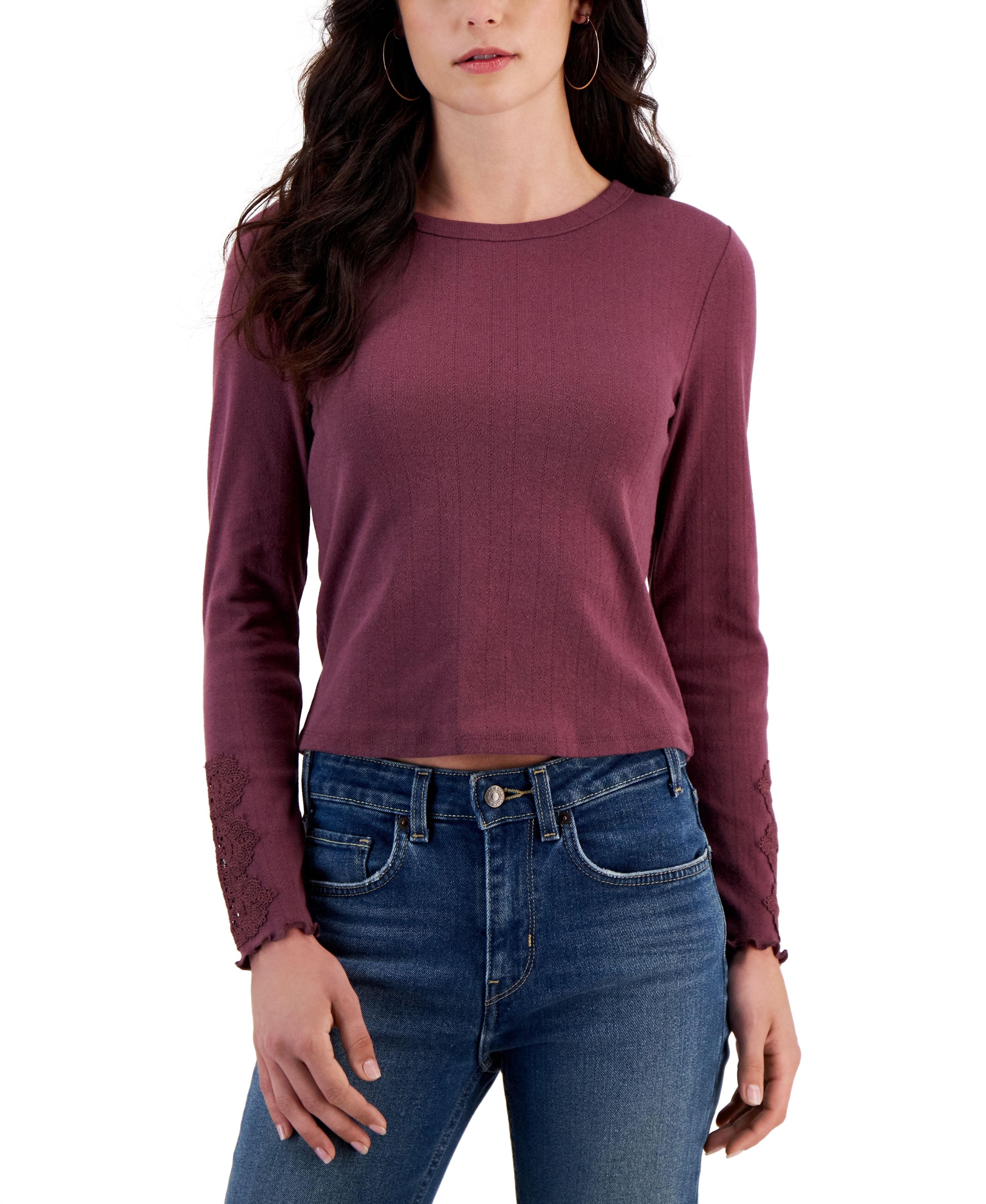 Juniors' Lace-Trim Long-Sleeve Top