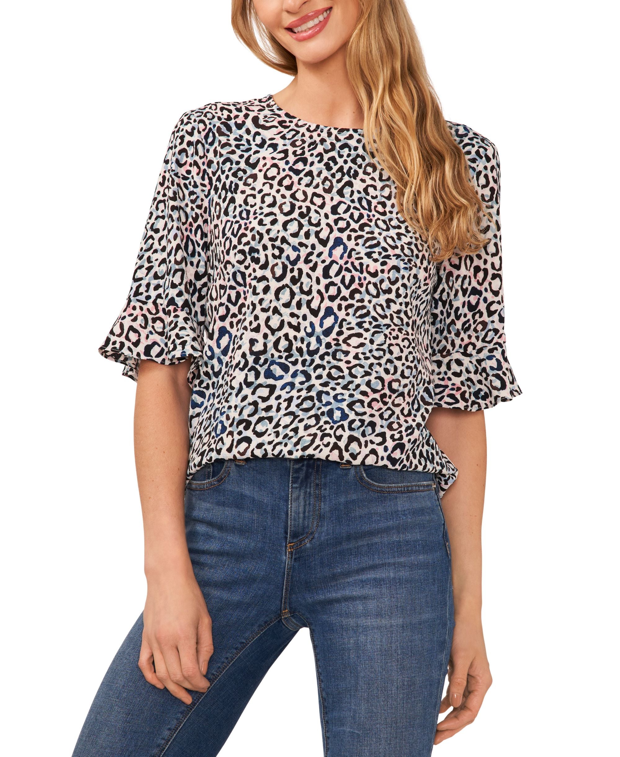 Women's Animal Printed Short-Ruffled-Sleeve Top