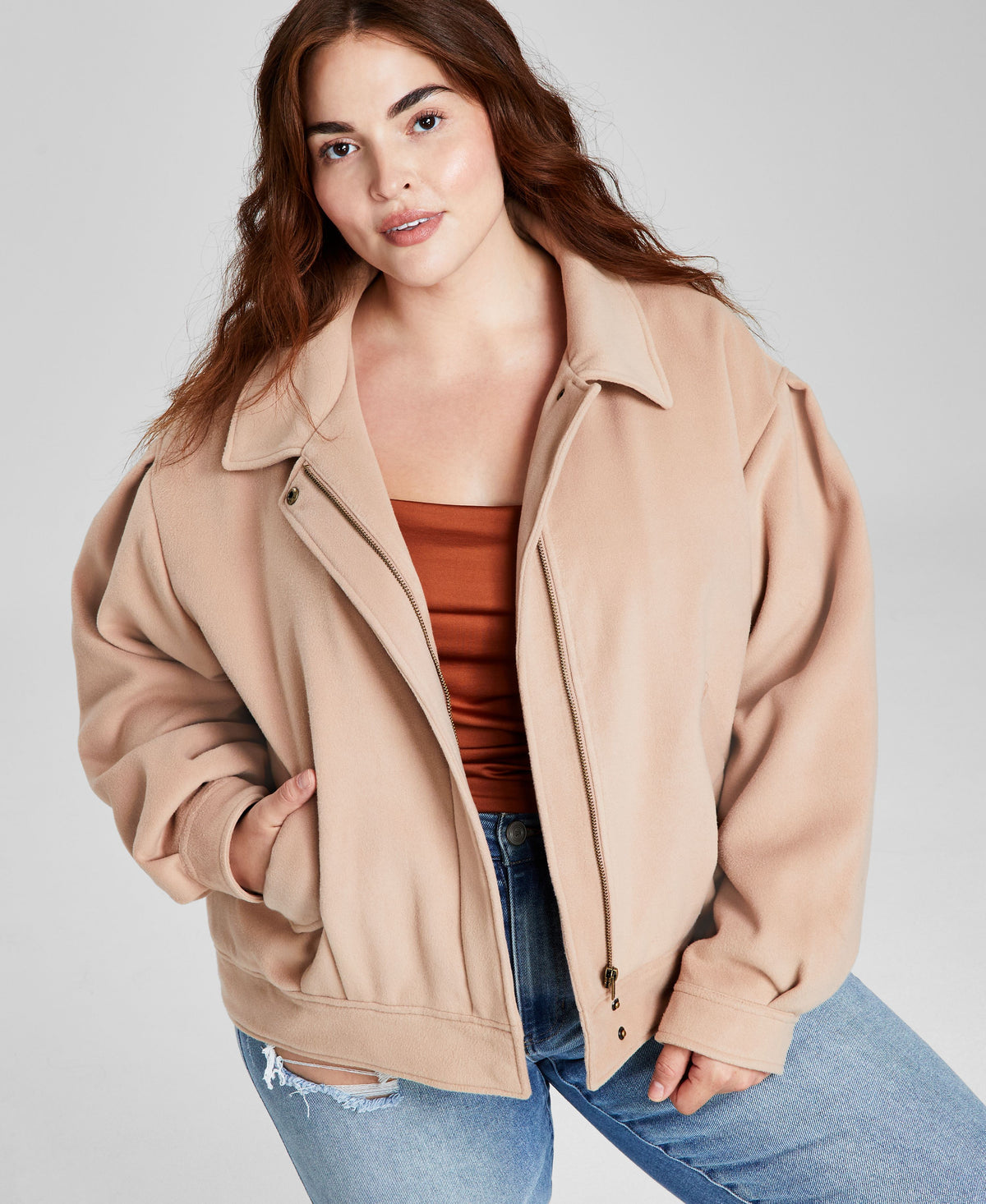 Trendy Plus Size Dropped-Shoulder Bomber Jacket