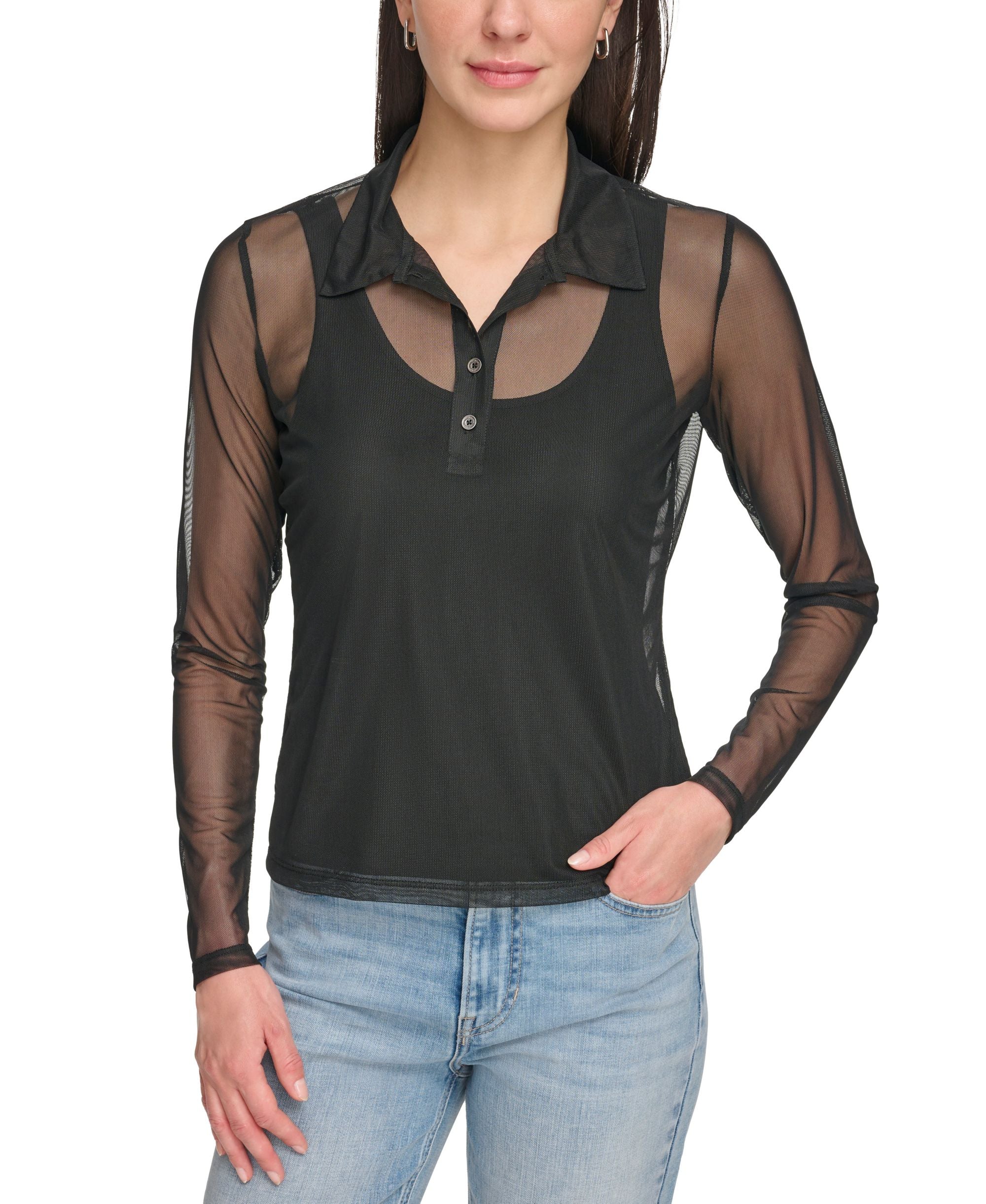 Women's Sheer Mesh Collared Shirt