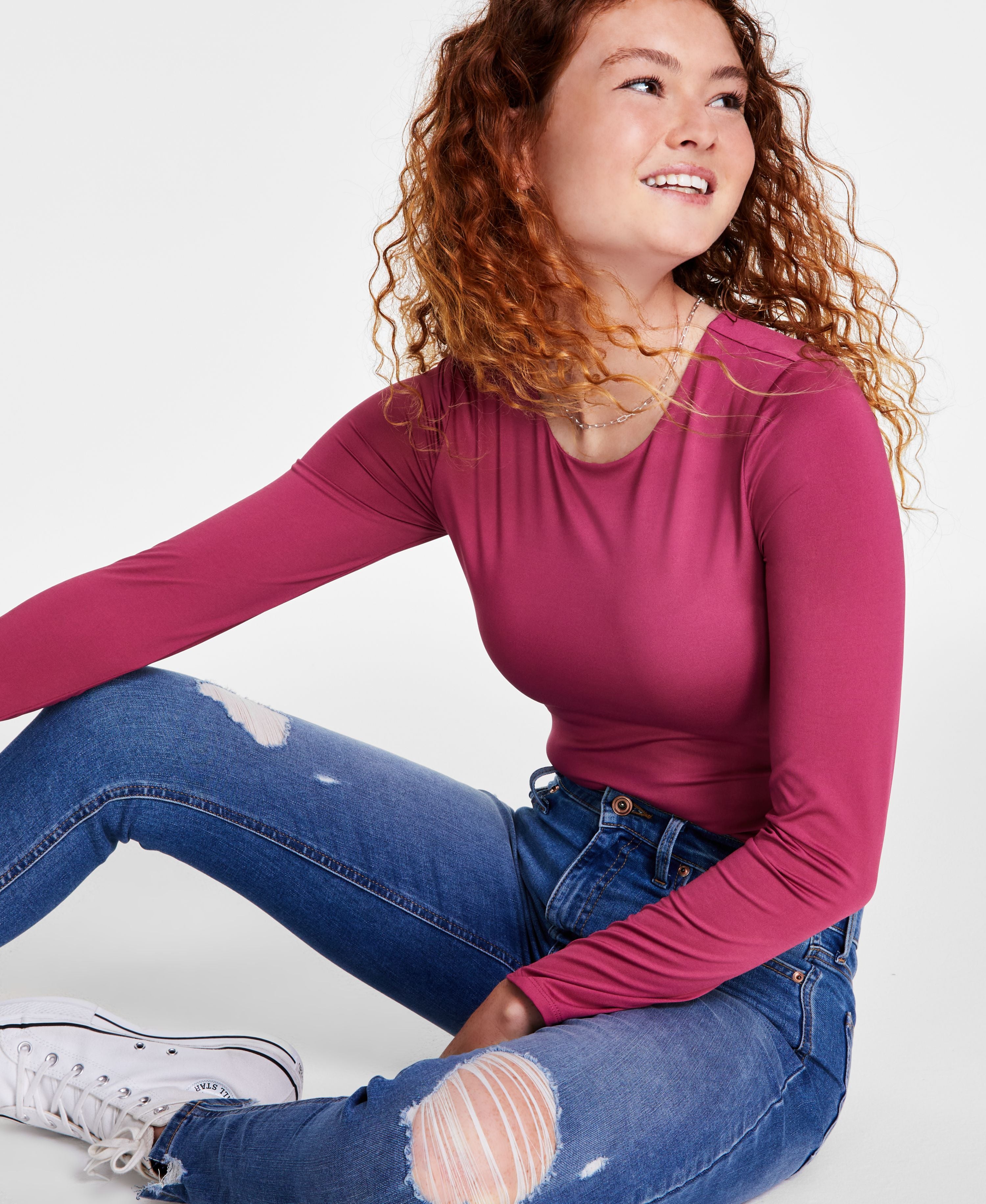 Juniors' Crewneck Long-Sleeve Bodysuit