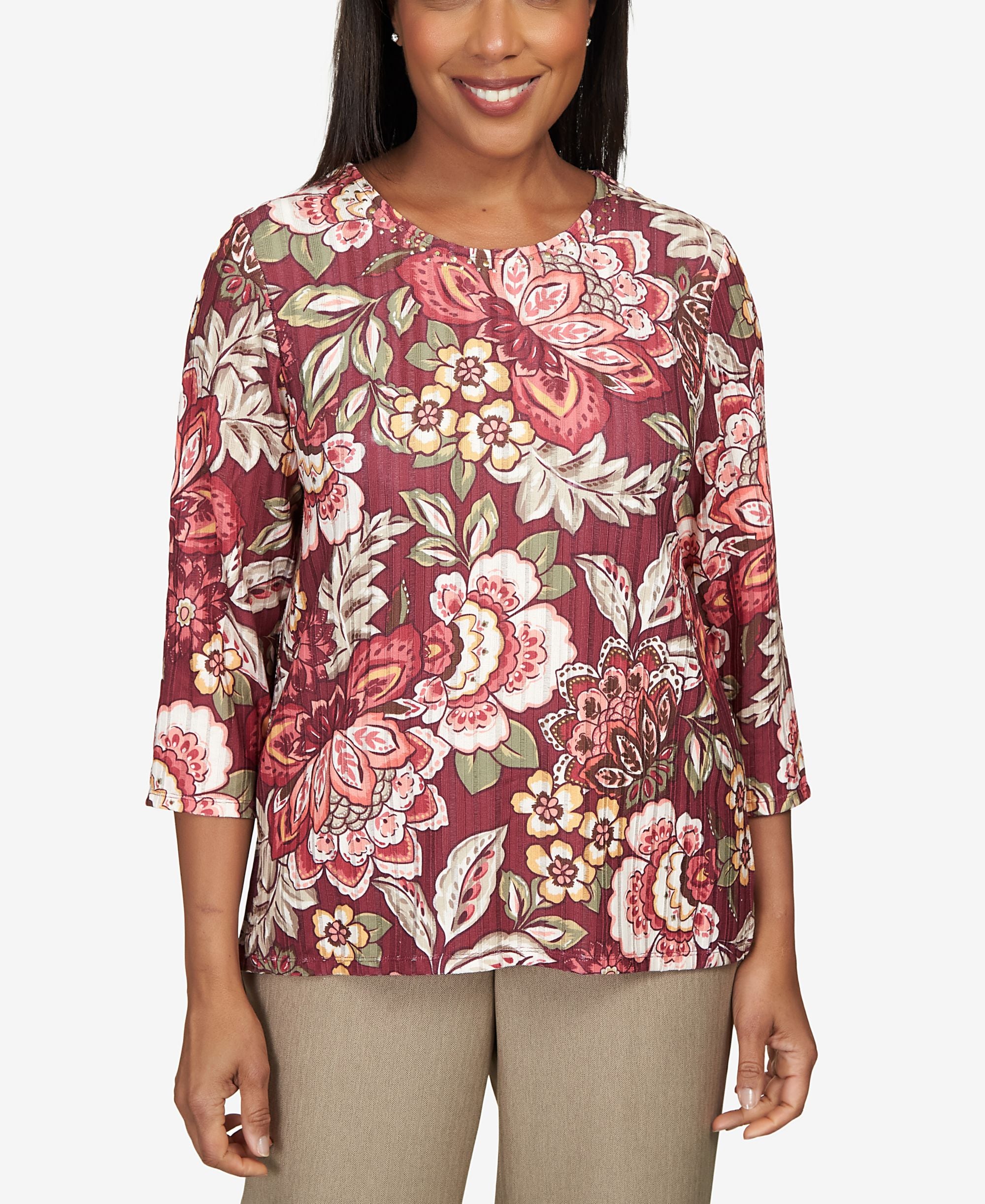 Petite Mulberry Street Jacobean Floral 3/4 Sleeve Top