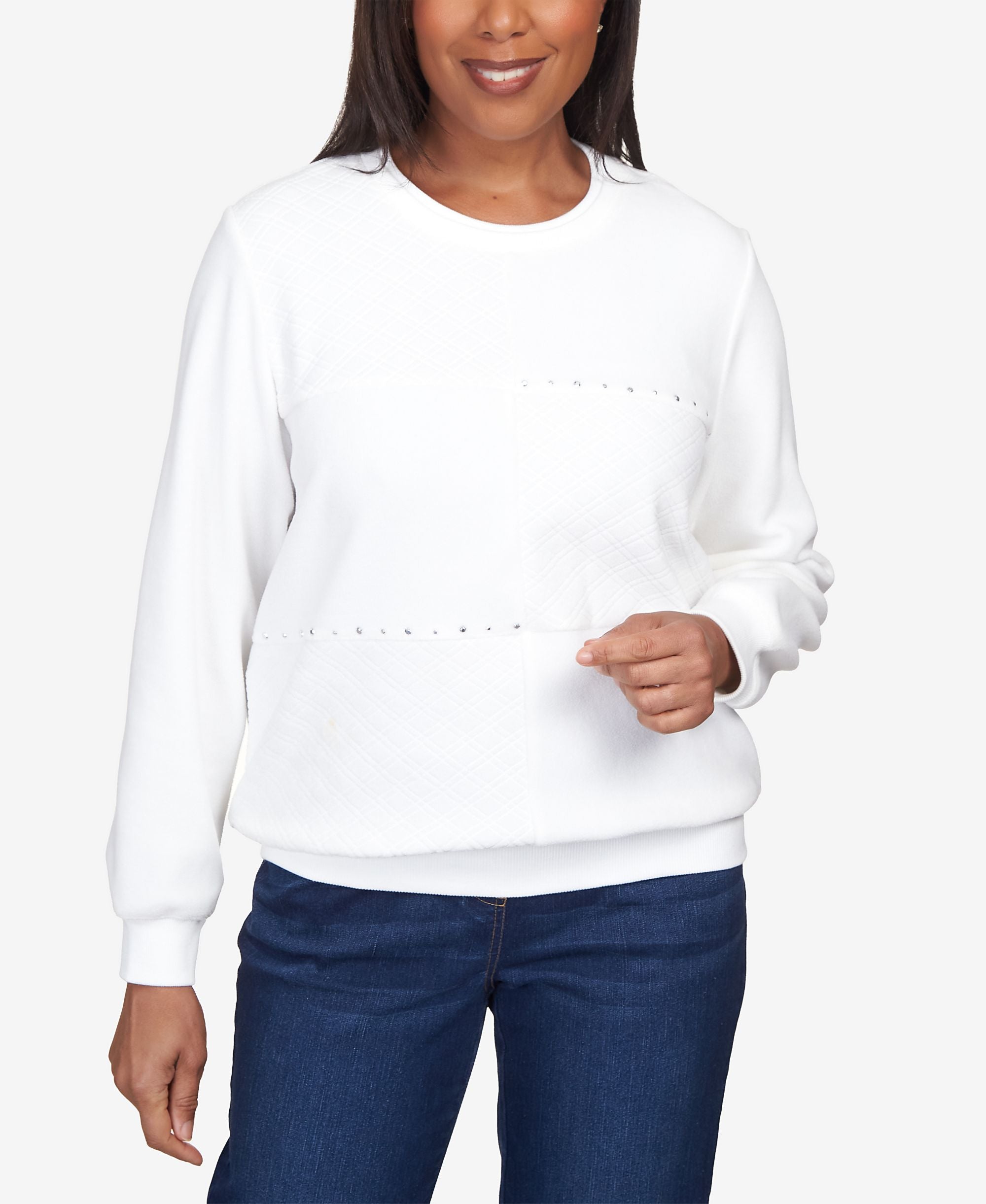 Petite Classics Spliced Quilted Pull On Crew Neck Top