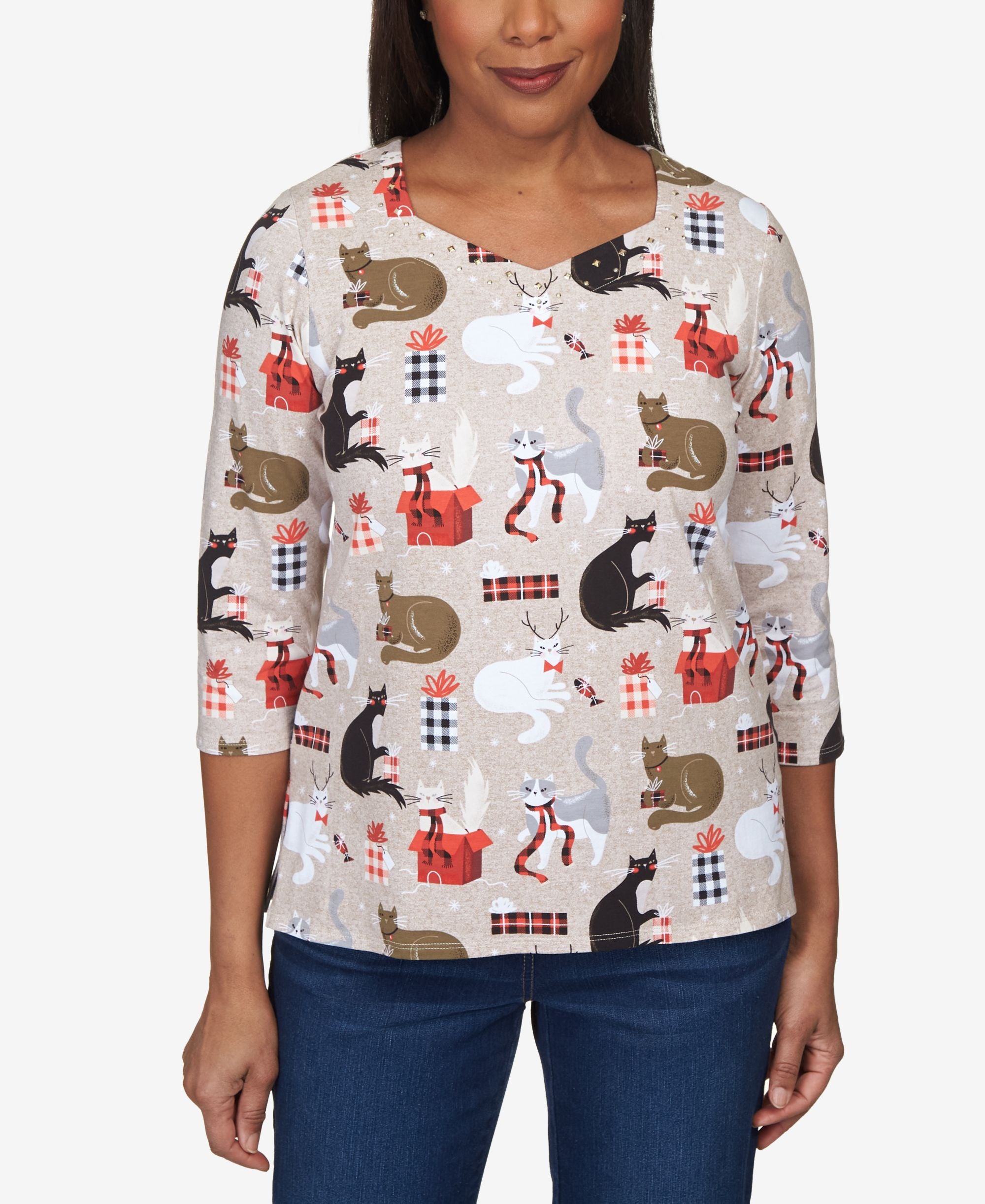 Petite Classics Christmas Cats 3/4 Sleeve Top