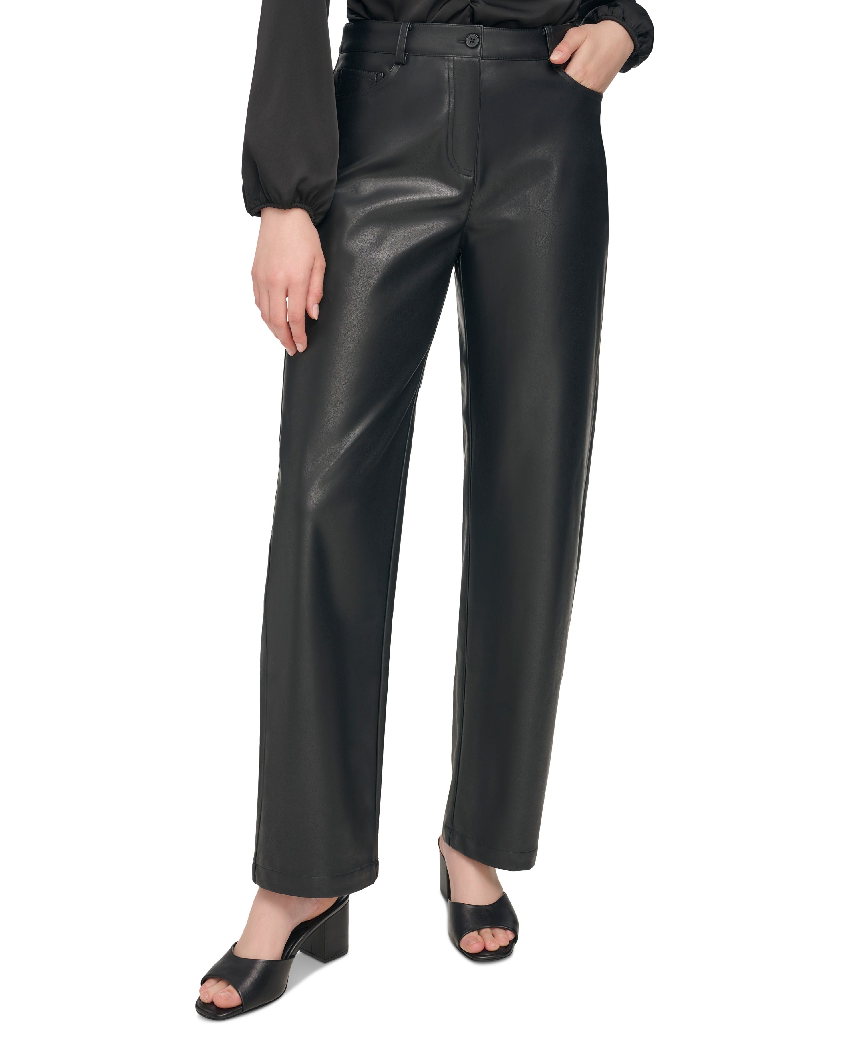 Women's Boucle One-Button Blazer, Ruched-Front Puff-Sleeve Blouse, and Slim-Leg Faux-Leather Pants