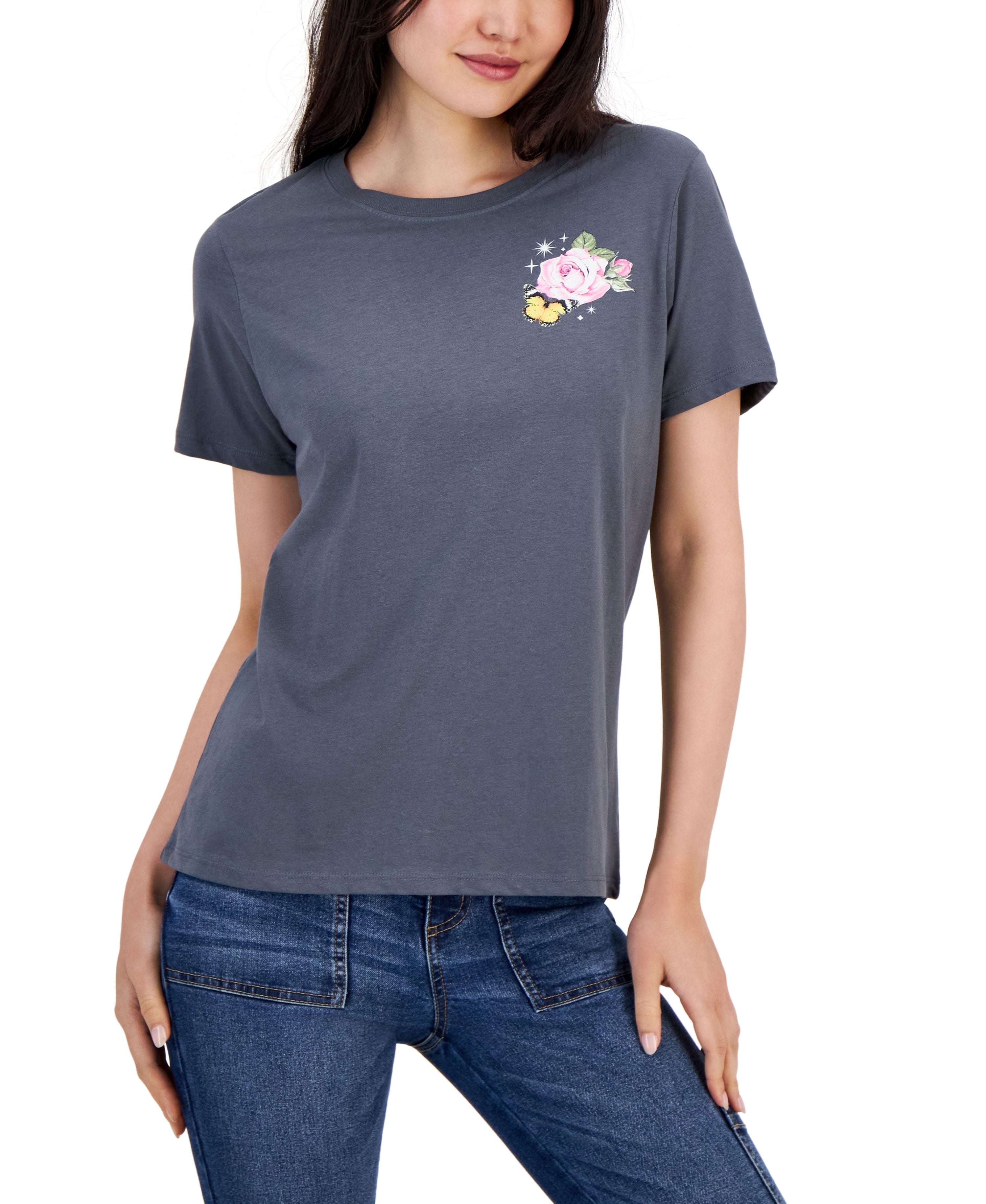Juniors' Floral-Motif Graphic T-Shirt