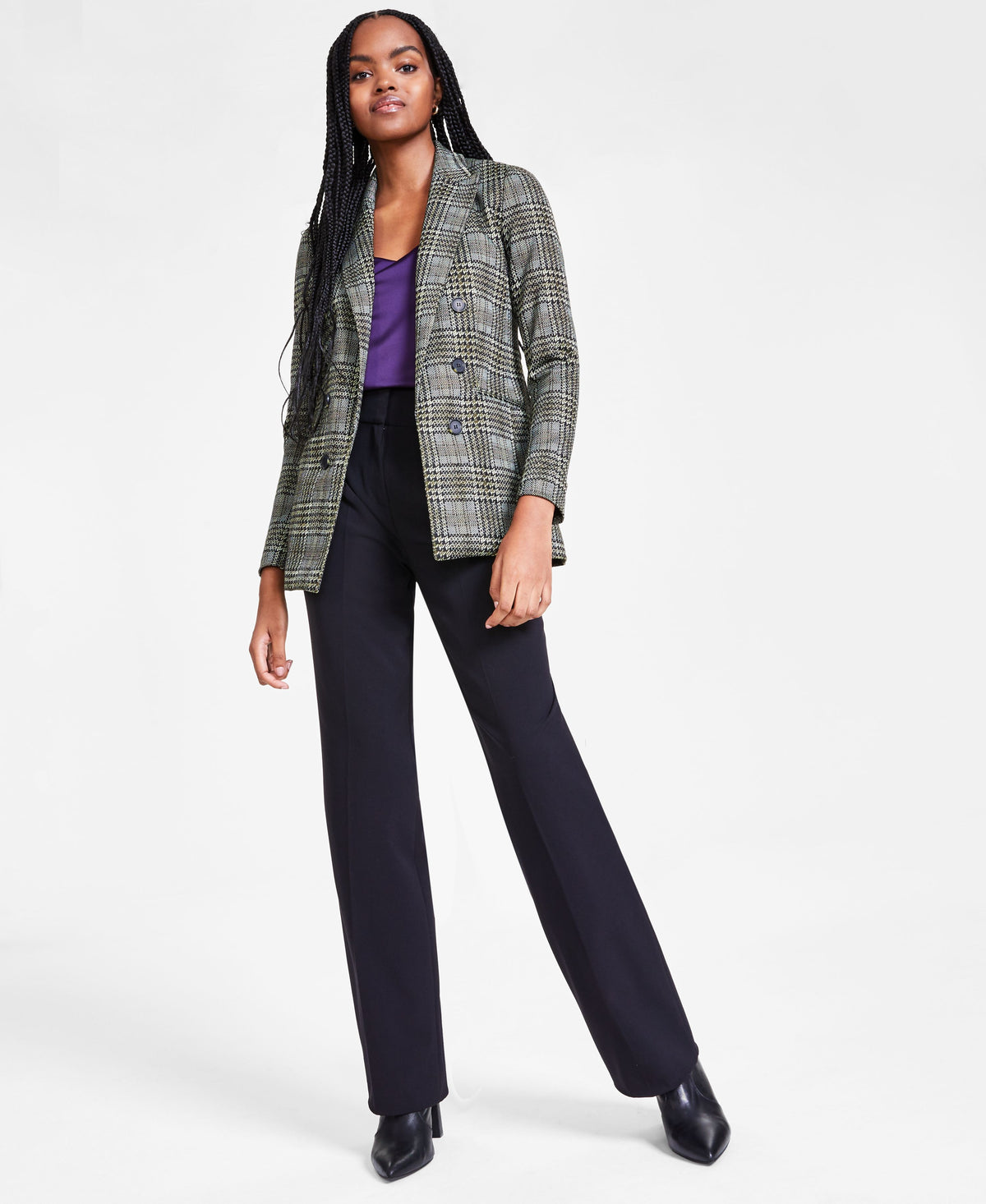 Women's Multi-Plaid Faux-Breasted Jacket, Satin Spaghetti-Strap Scoop-Neck Camisole & Pleated-Front Wide-Leg Pants