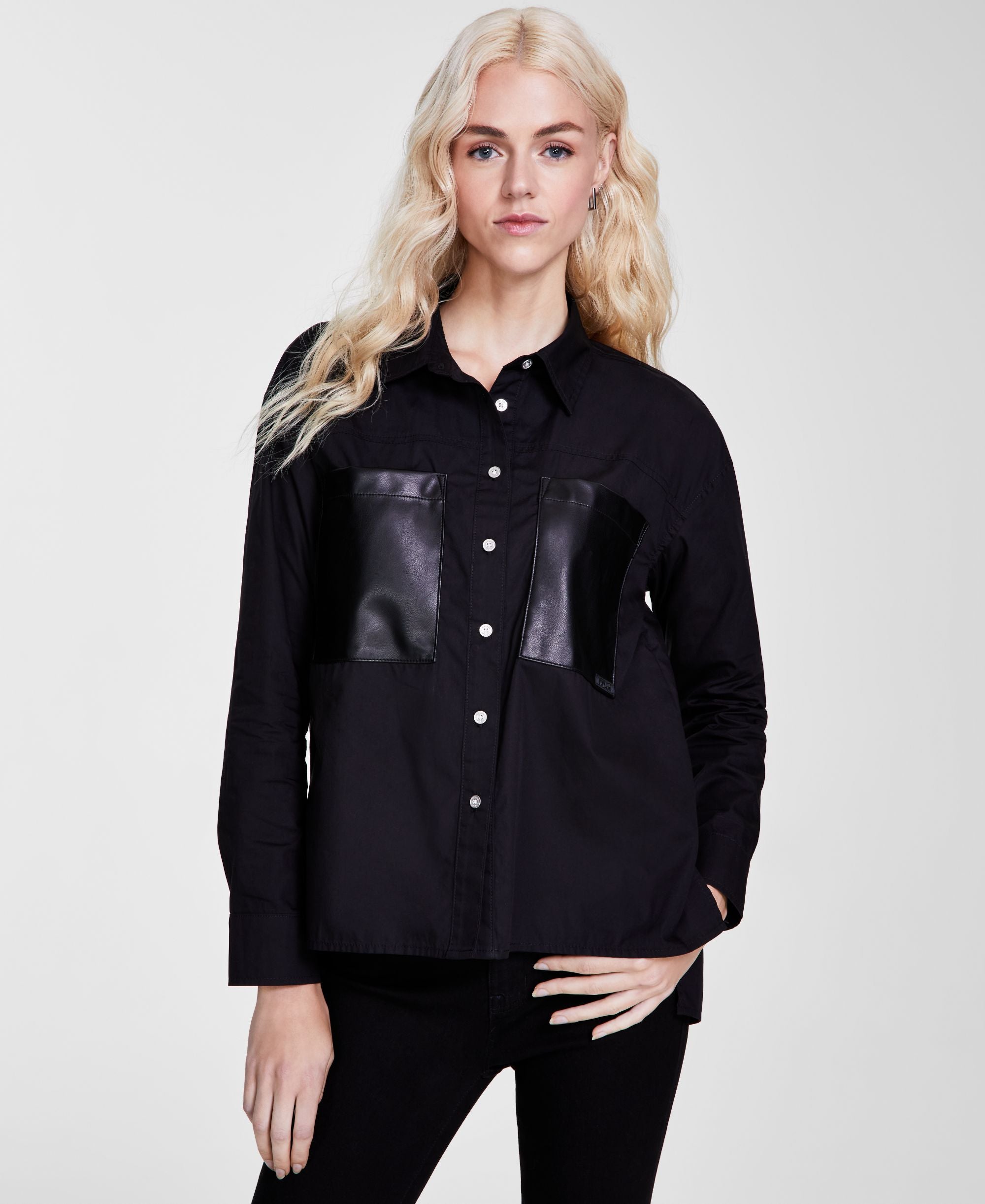 Women's Faux-Leather-Pocket High-Low Shirt