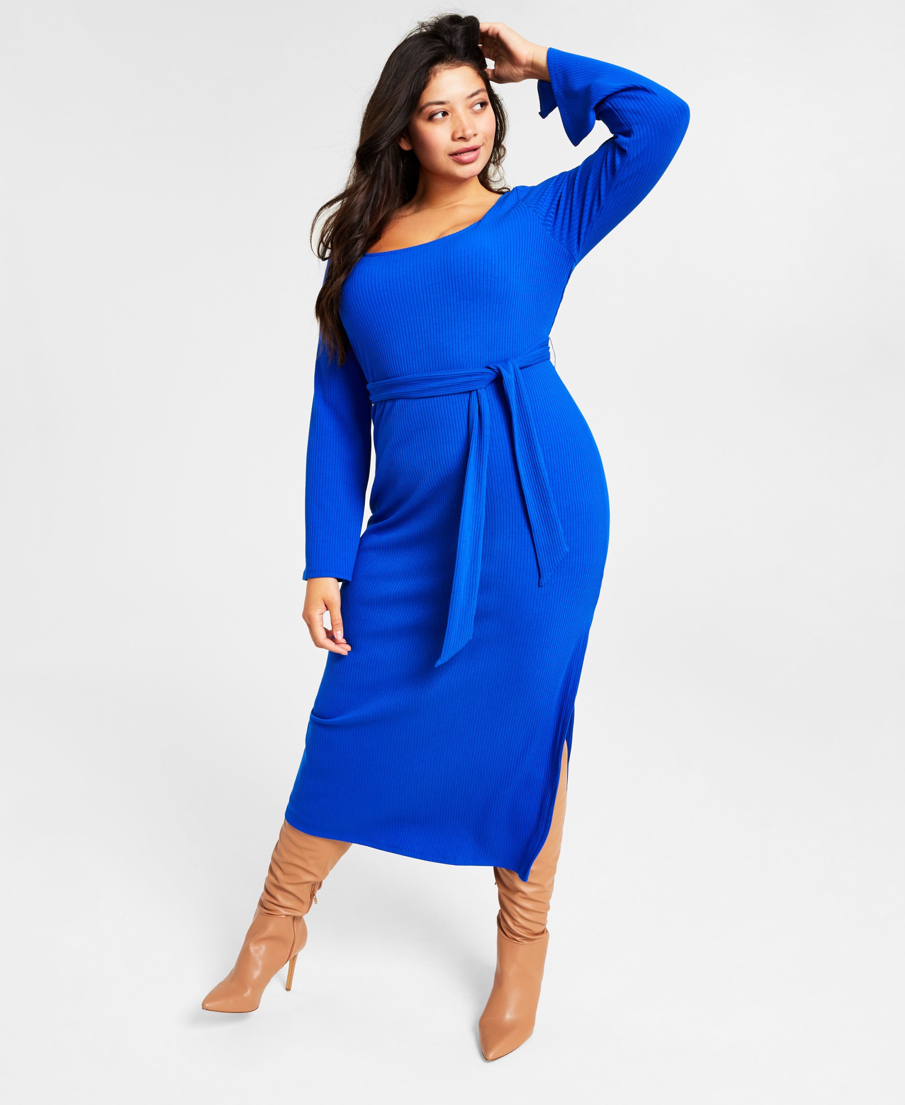 Plus Size Long-Sleeve Square-Neck Tie Rib Midi Dress