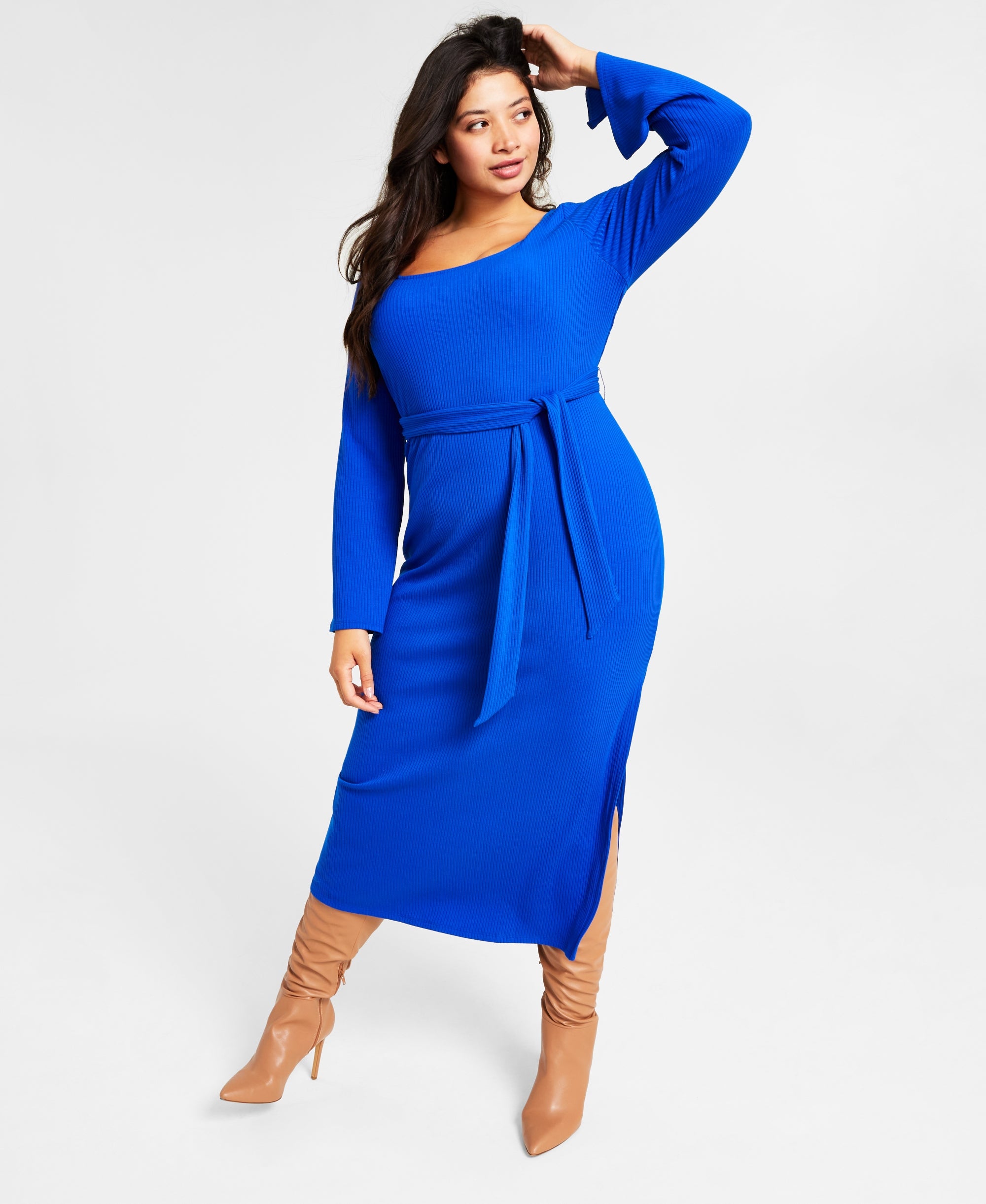 Women's Long-Sleeve Square-Neck Tie Rib Midi Dress
