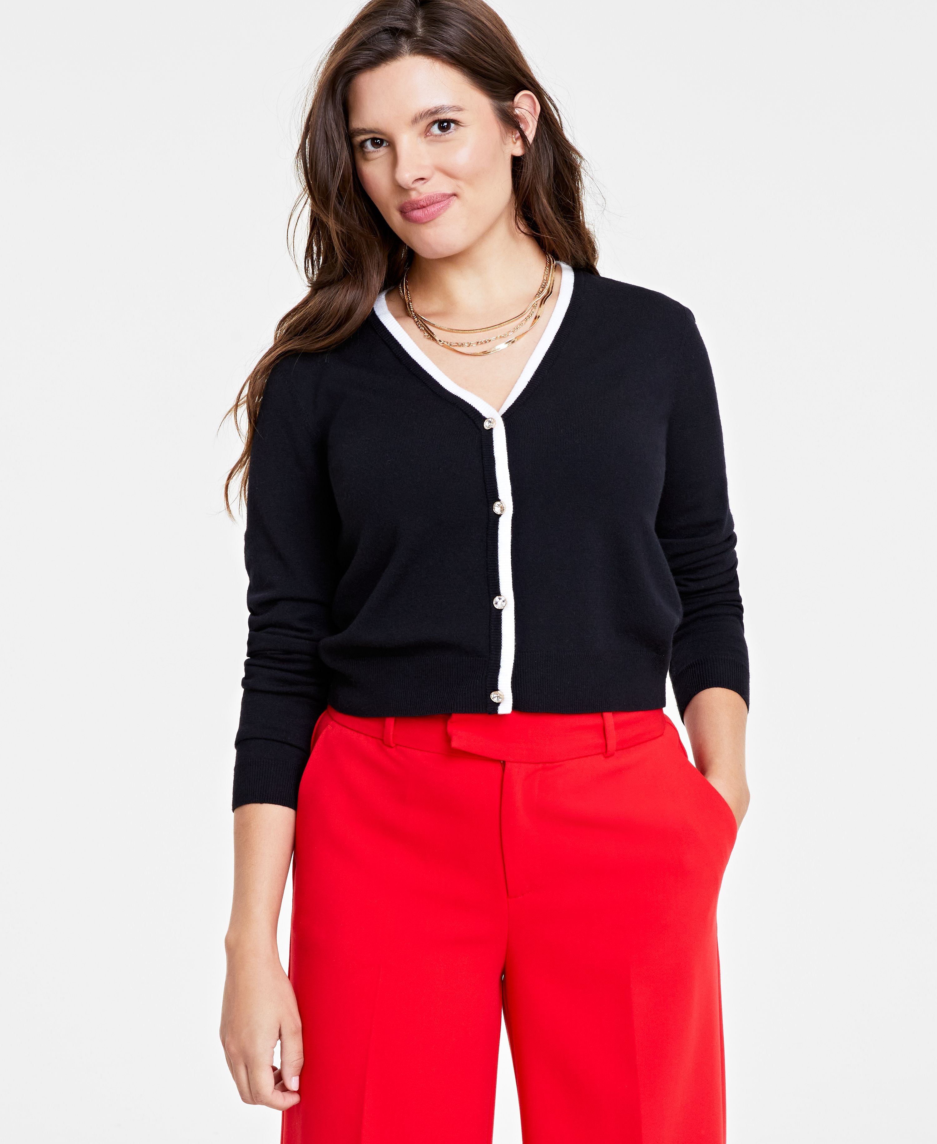Women's Tipped V-Neck Embellished Cardigan