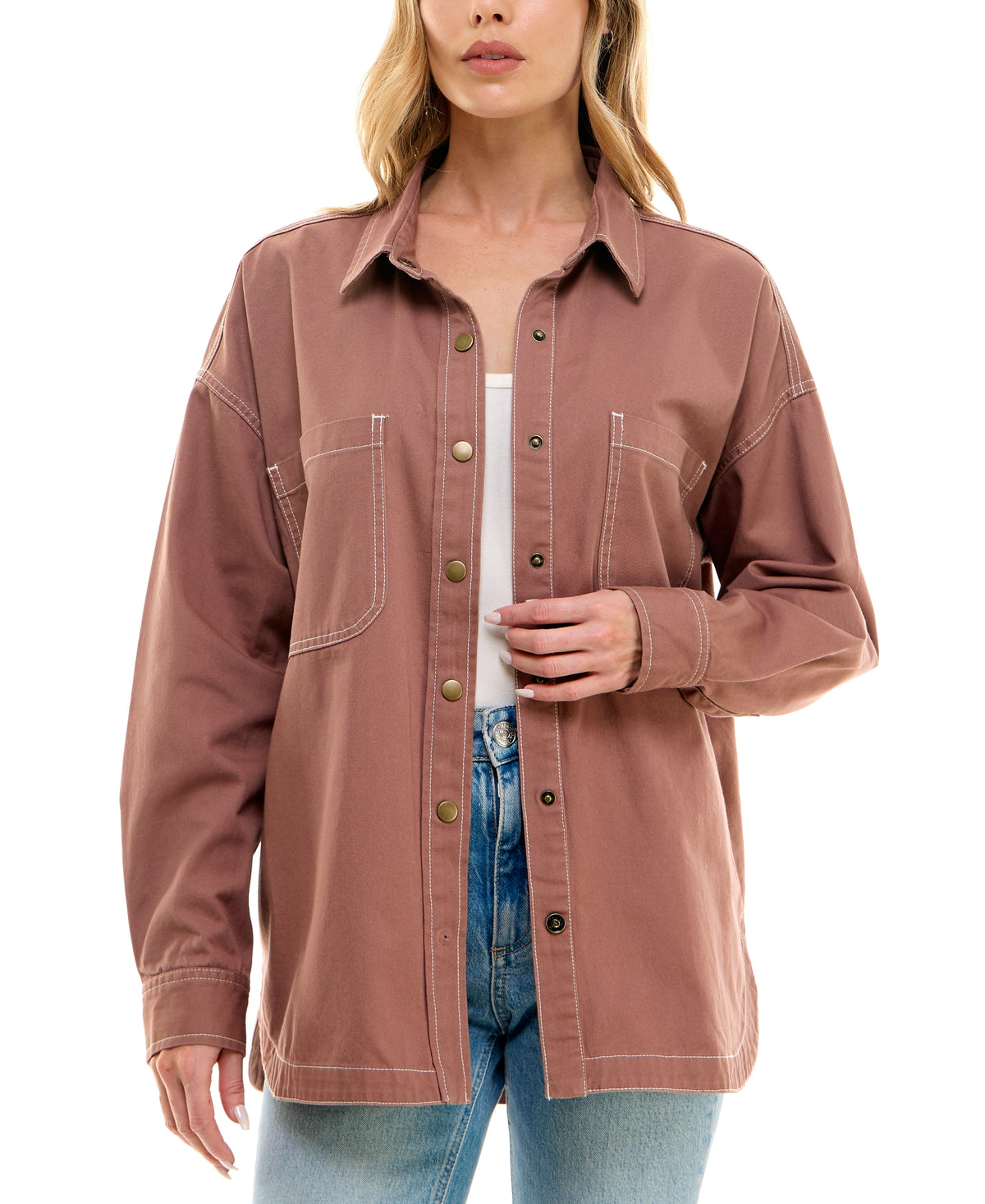 Juniors' Cotton Twill Snap-Front Shacket