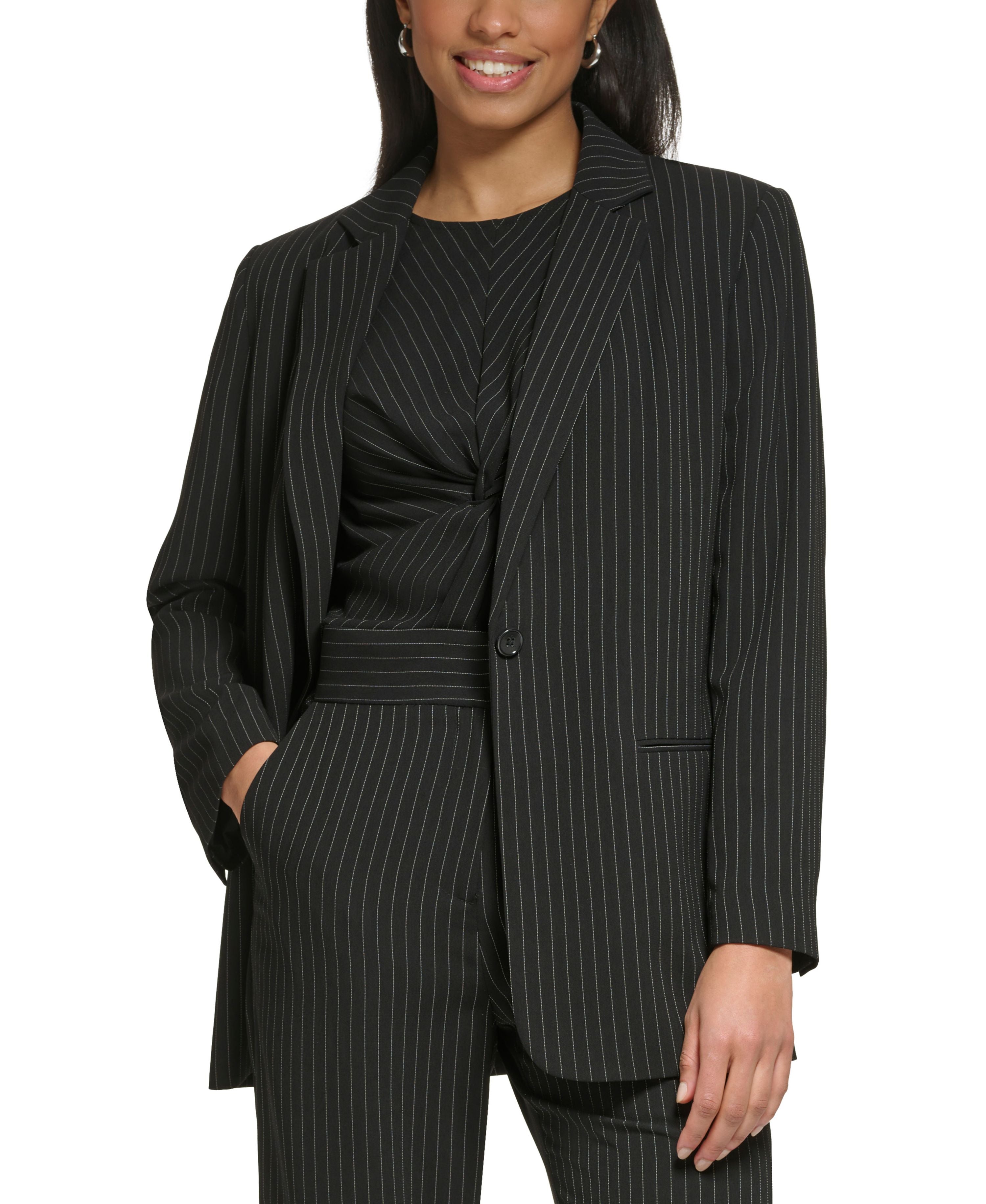 Petite Pinstripe One-Button Notched Collar Blazer