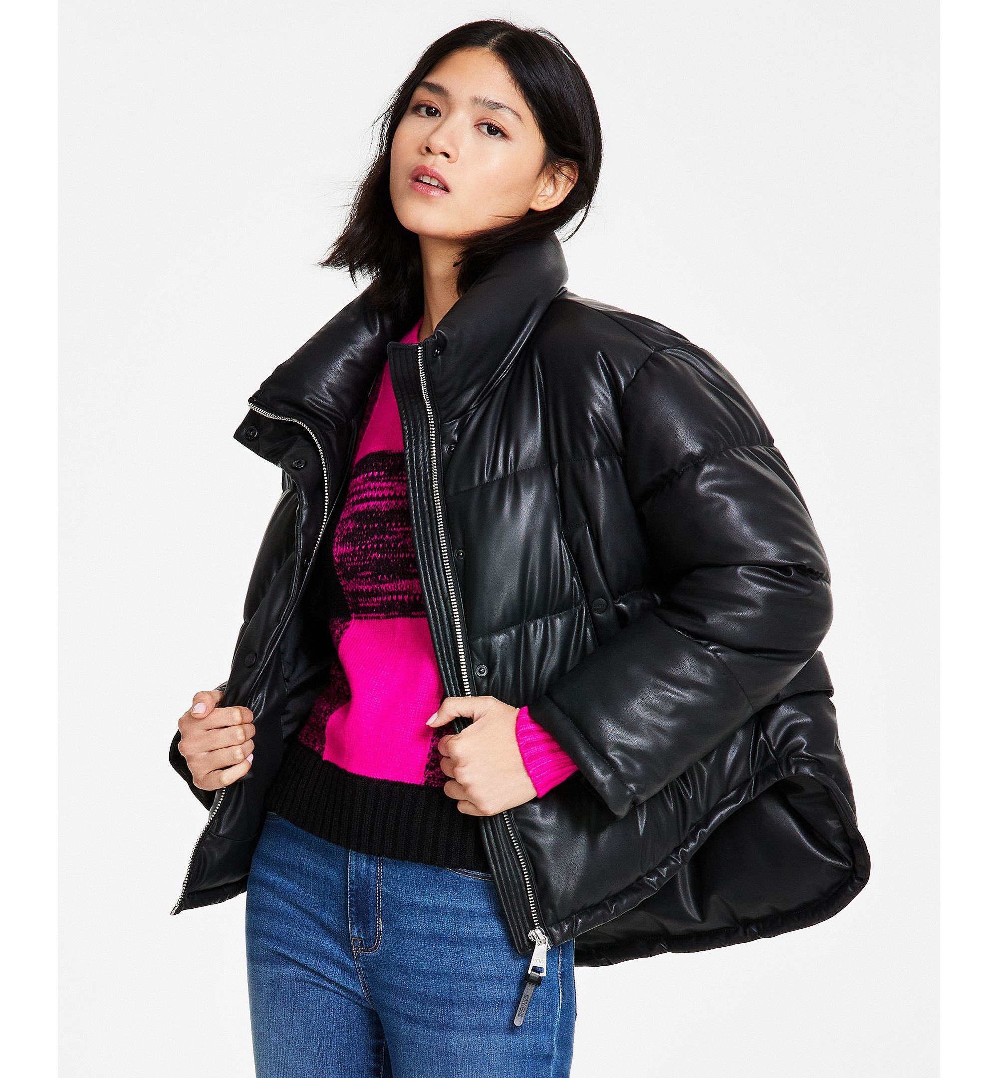 Women's Faux-Leather High-Low Hem Puffer Jacket