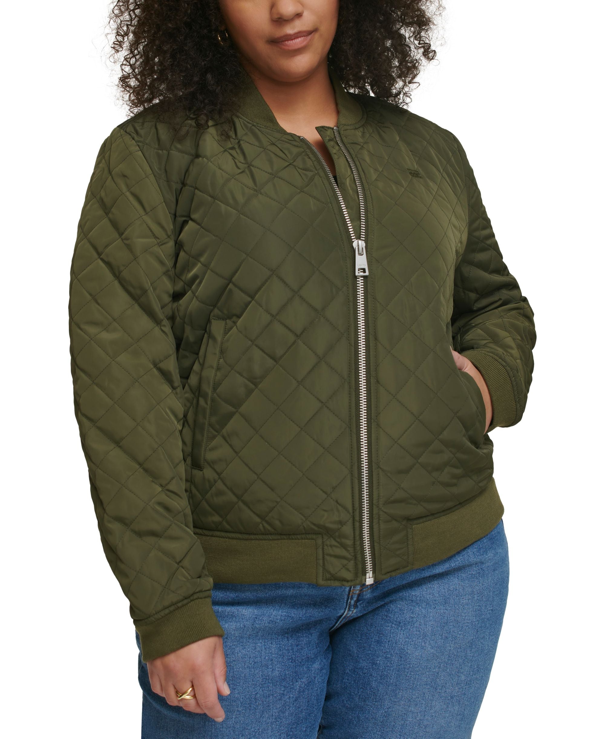 Plus Size Trendy Diamond Quilted Bomber Jacket