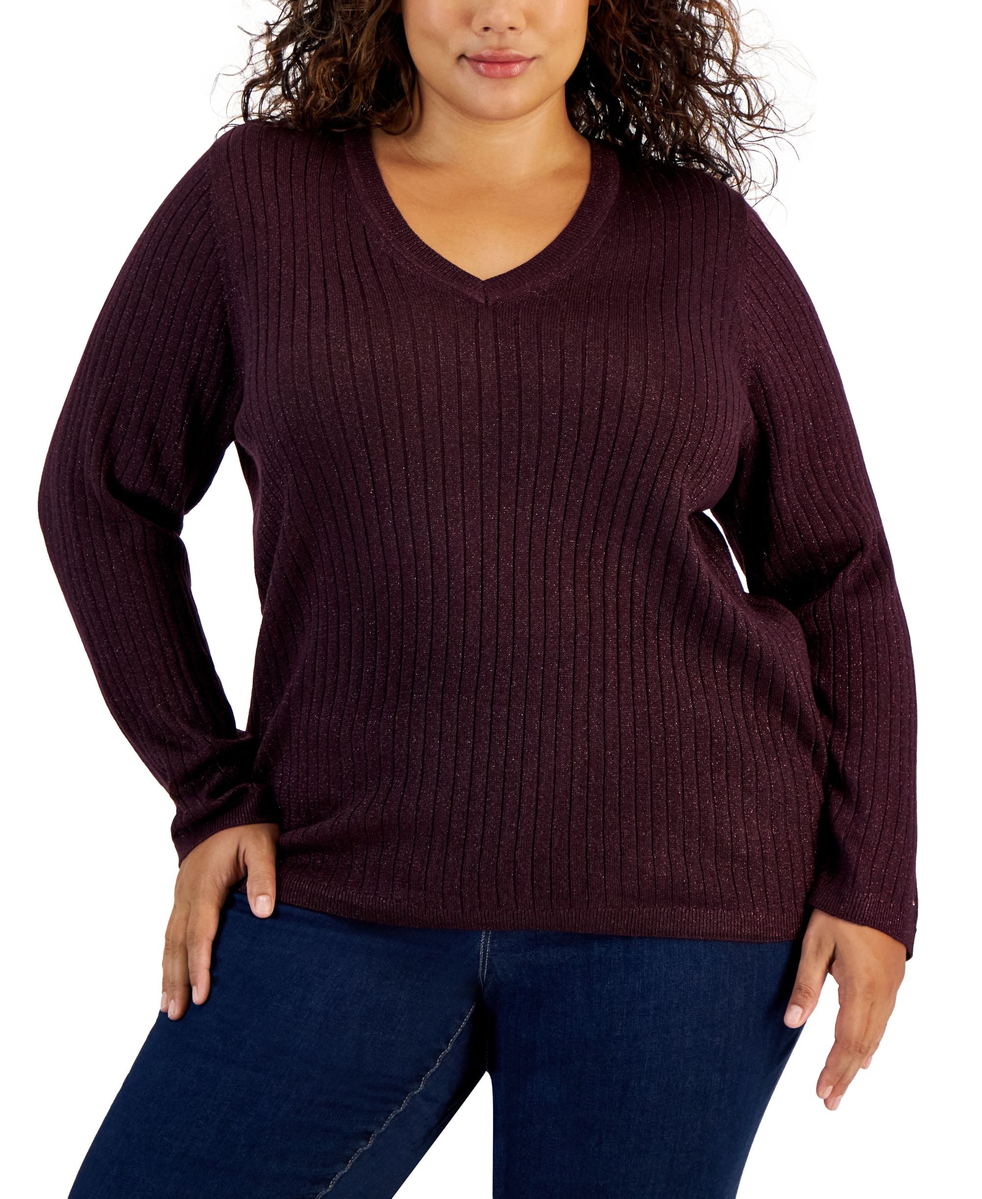 Plus Size Ribbed Metallic-Threaded Sweater