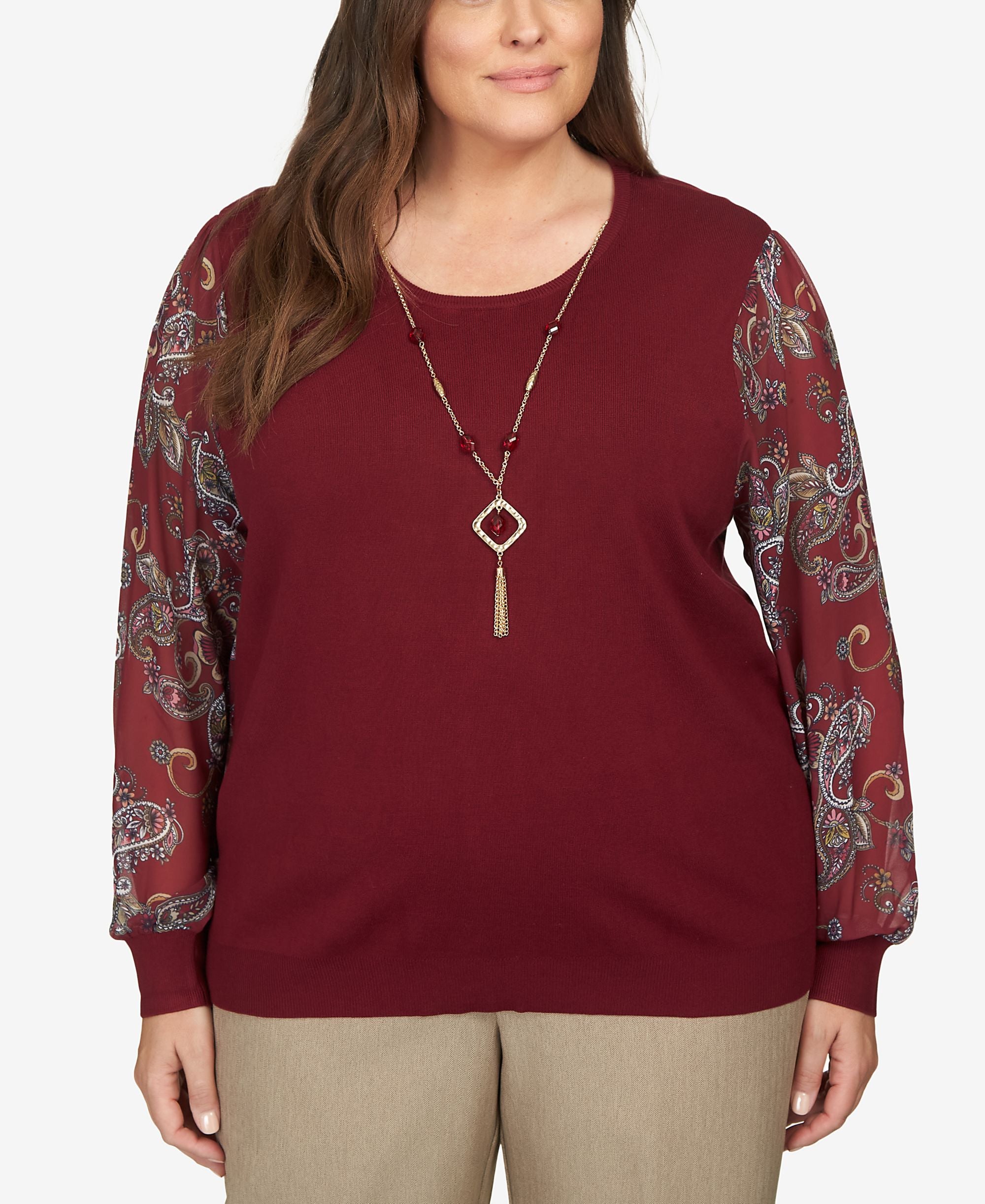 Plus Size Mulberry Street Paisley Sleeve Crew Neck Sweater
