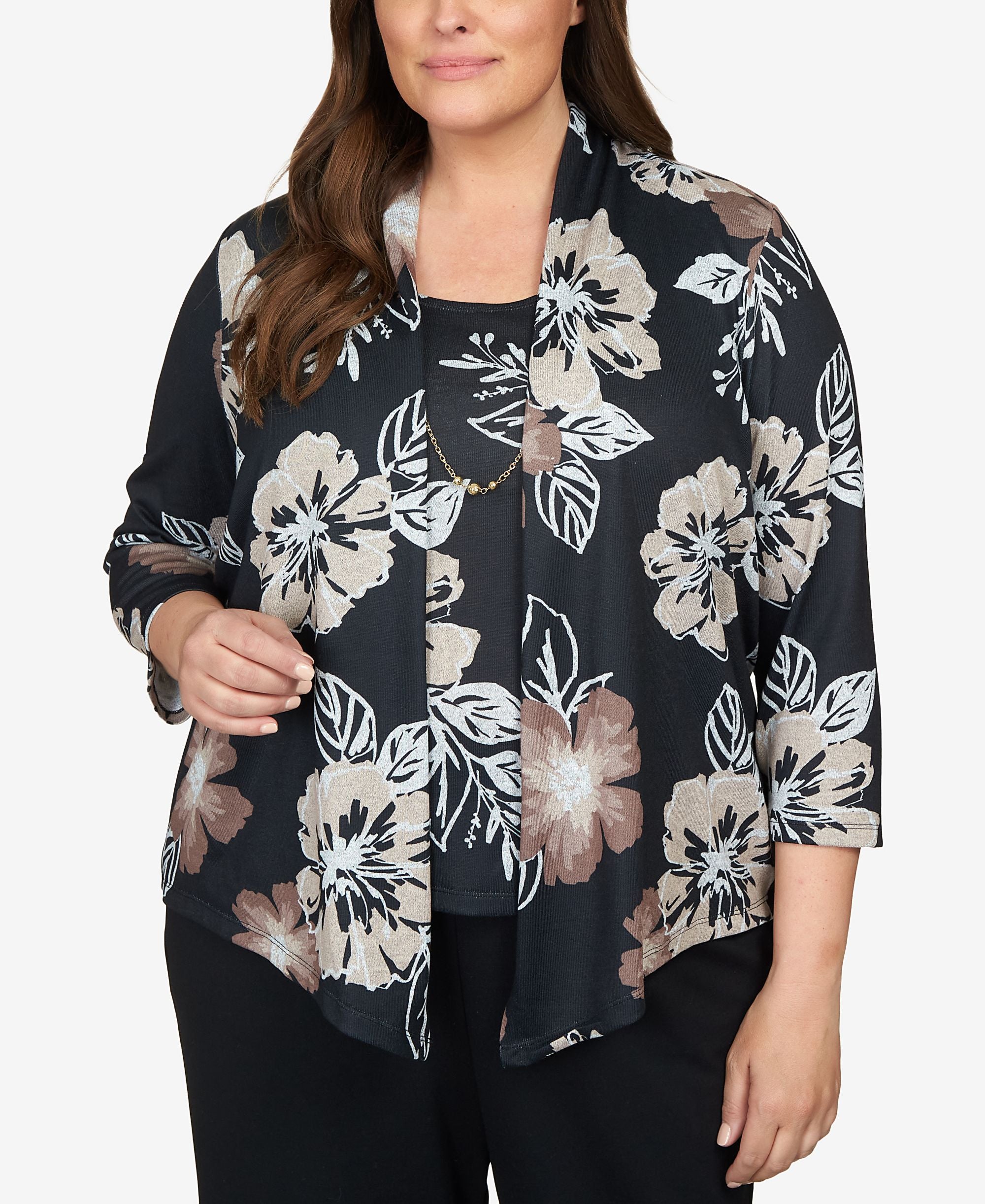 Plus Size Classics Stamped Floral Two for One Top with Necklace