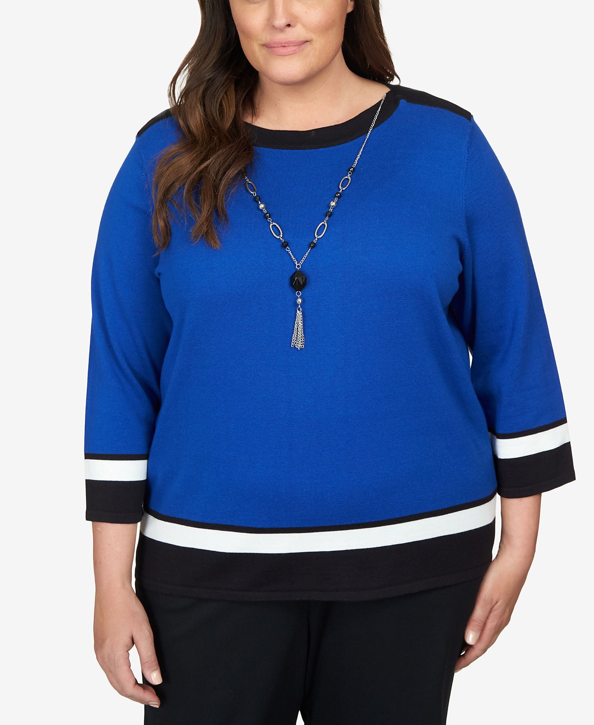 Plus Size Classics Border Stripe Boat Neck Sweater with Necklace
