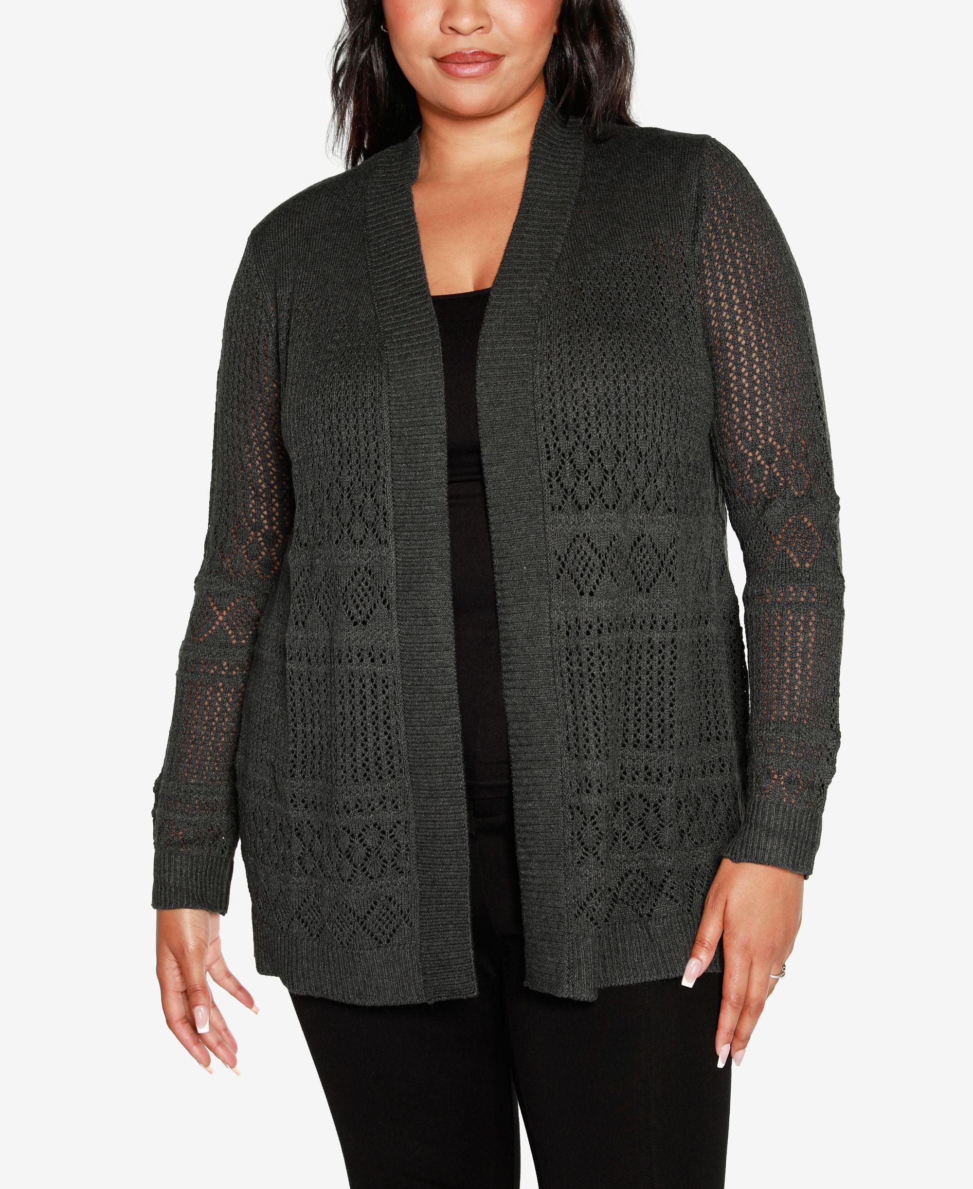 Plus Size Pointelle Long Sleeves Open Cardigan Sweater