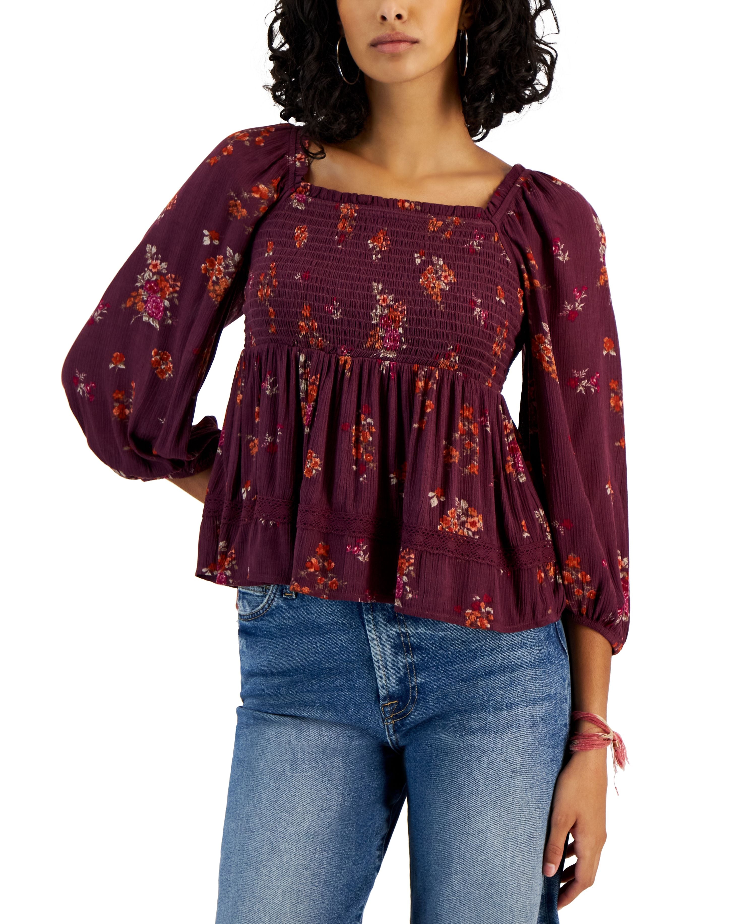 Juniors' Long Sleeve Square-Neck Smocked Top