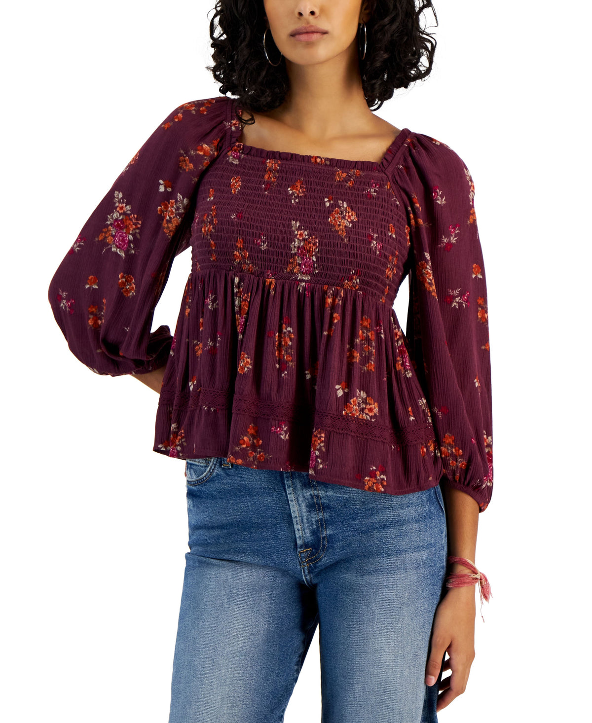 Juniors' Long Sleeve Square-Neck Smocked Top