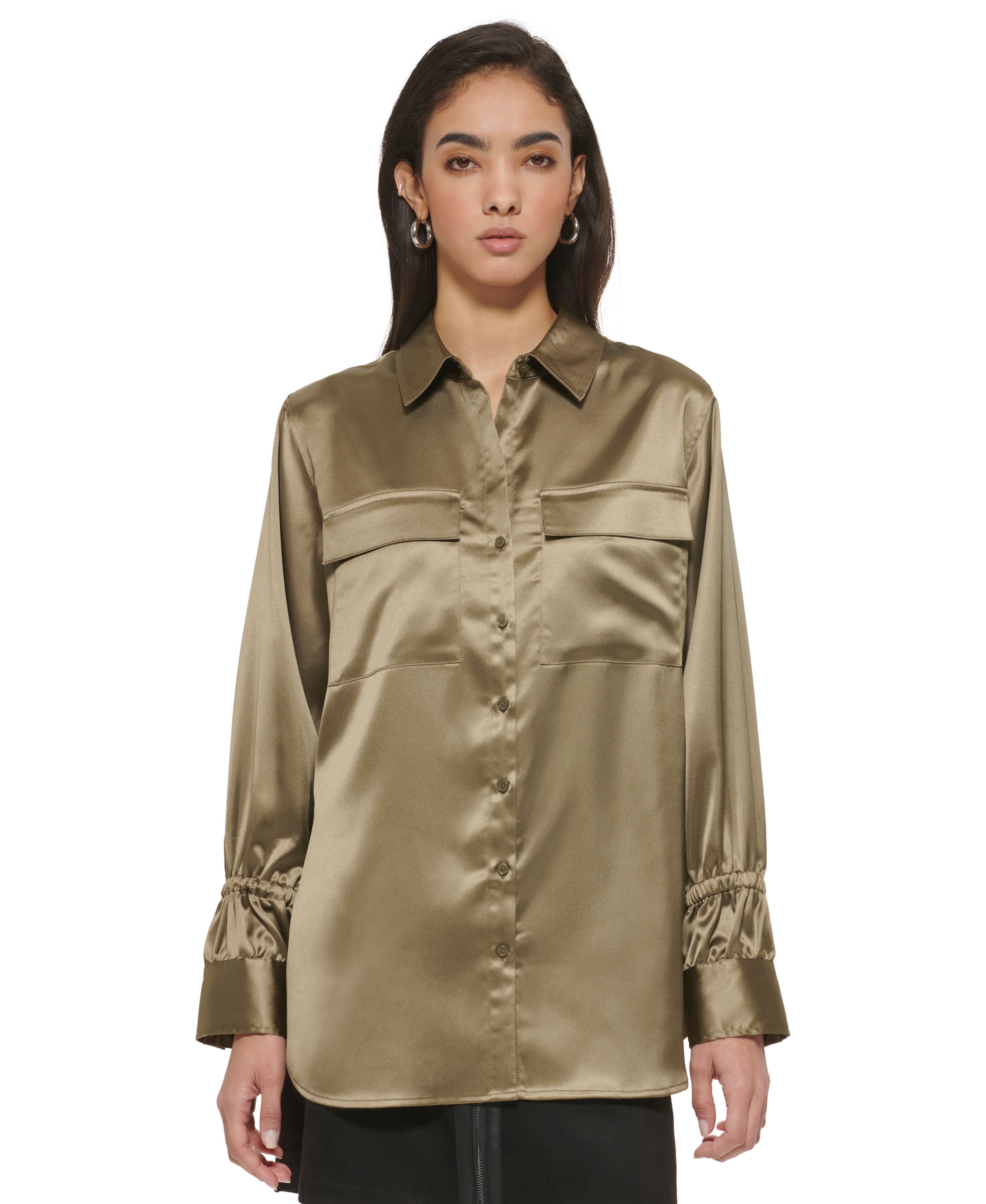 Women's Satin Flap-Pocket Tunic Shirt