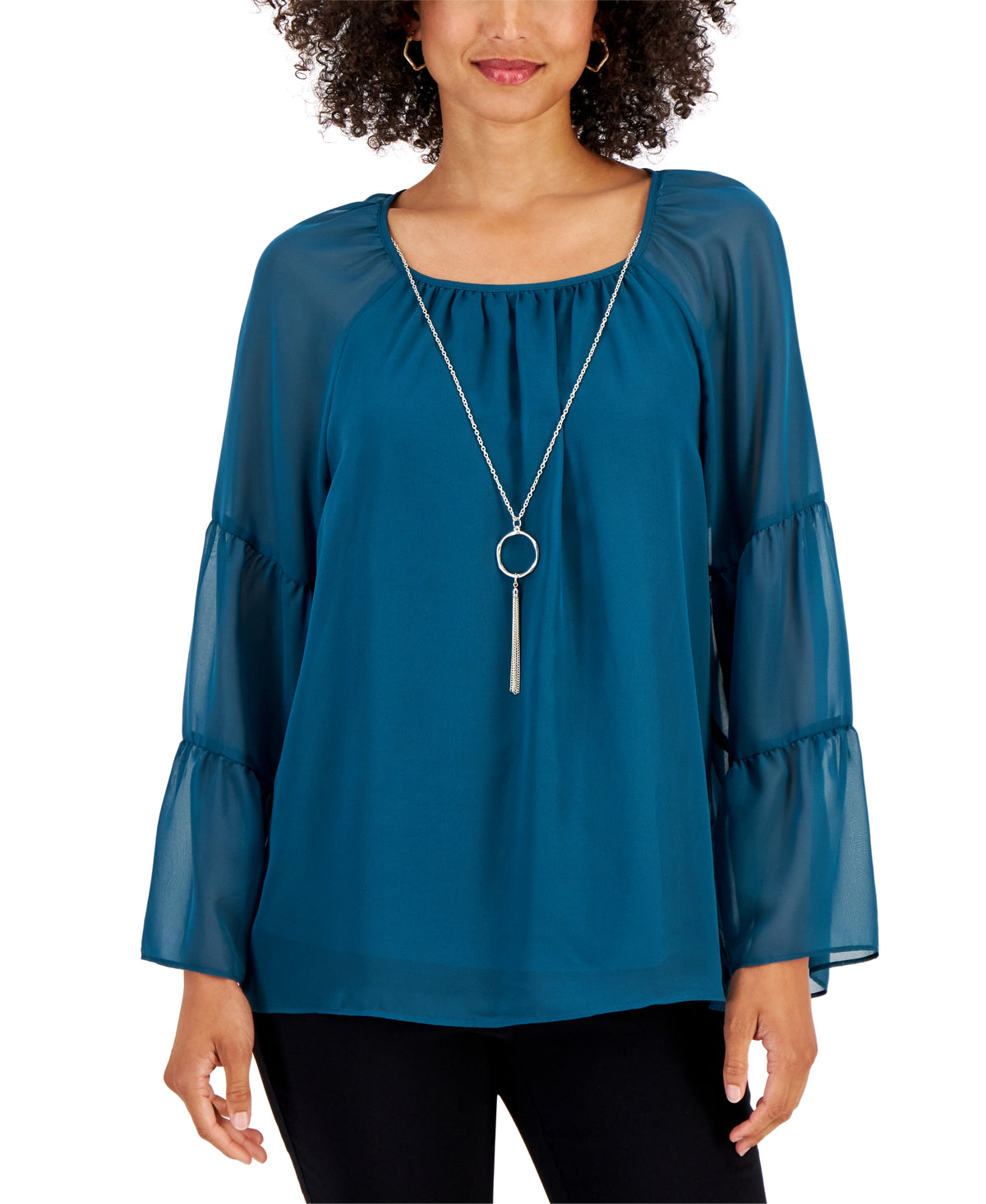 Petite Abstract-Print Tiered-Sleeve Top