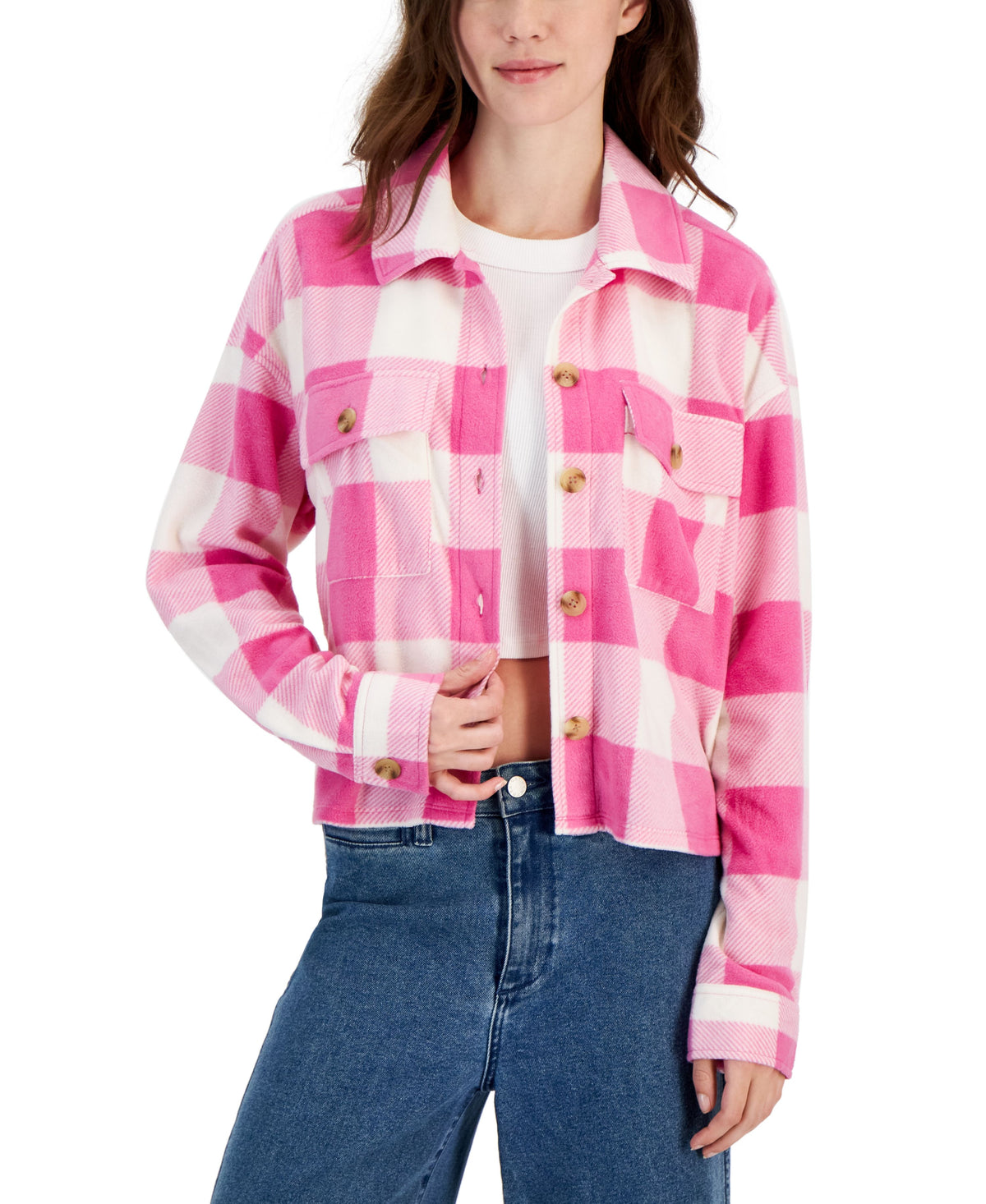 Juniors' Plaid Chest-Pocket Shacket