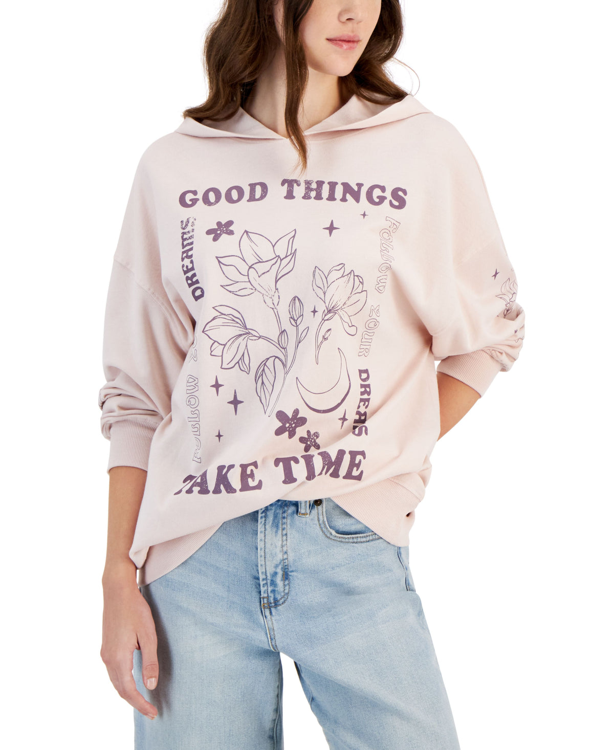 Juniors' Good Things Take Time Graphic-Print Hoodie