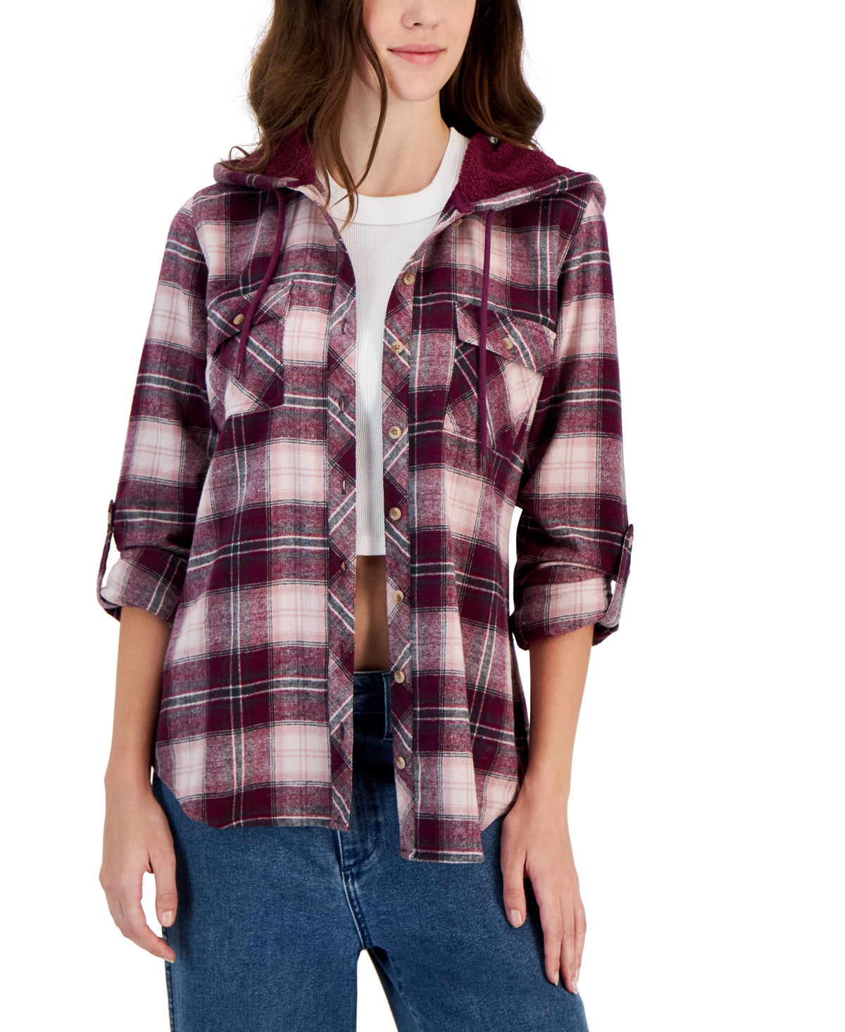 Juniors' Plaid Sherpa Hooded Button-Up Shacket