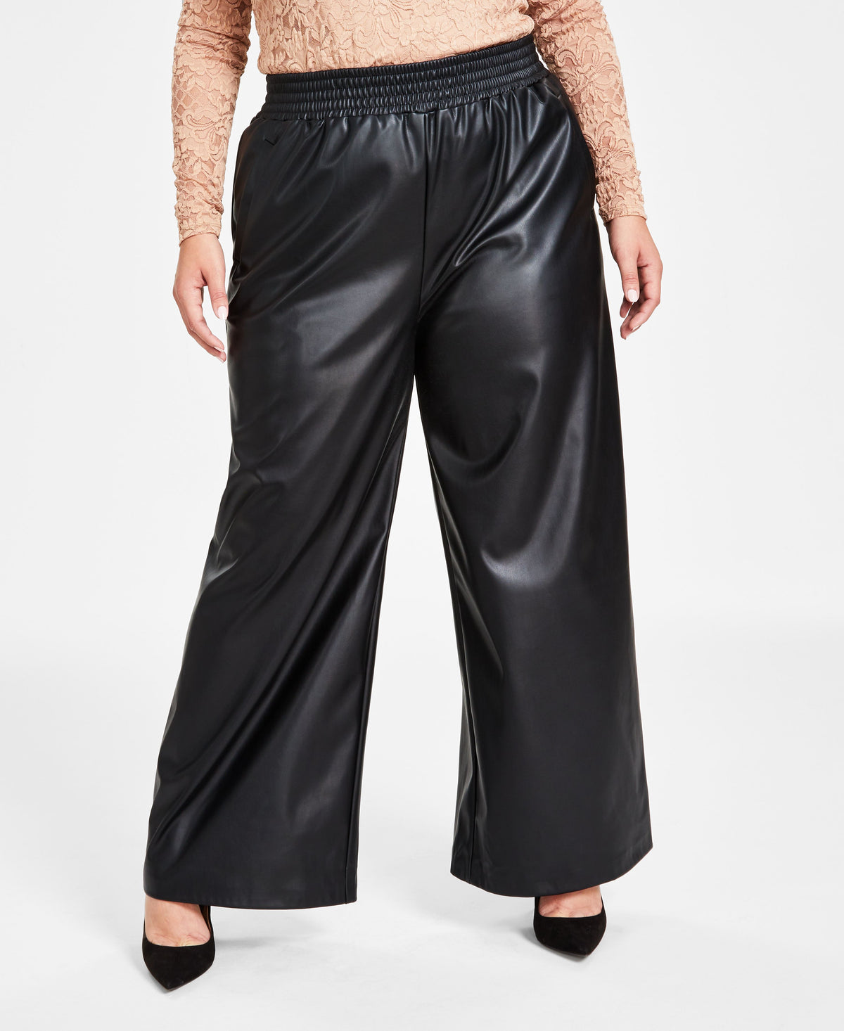 Plus Size Faux-Leather Wide-Leg Pants