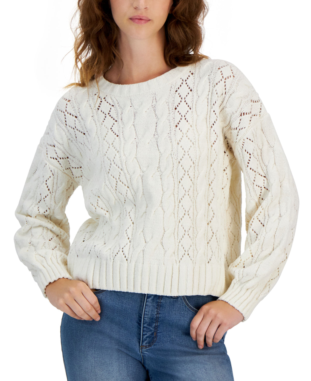 Juniors' Crewneck Cozy Chenille Cable-Knit Sweater