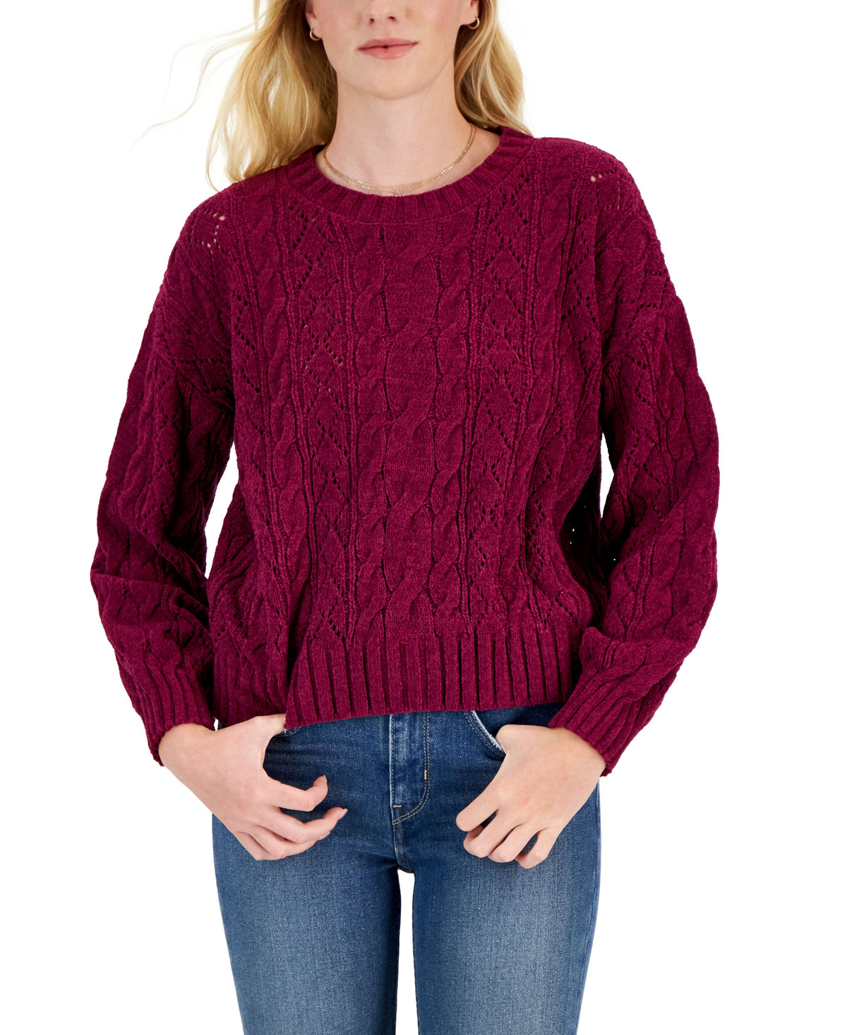 Juniors' Crewneck Cozy Chenille Cable-Knit Sweater