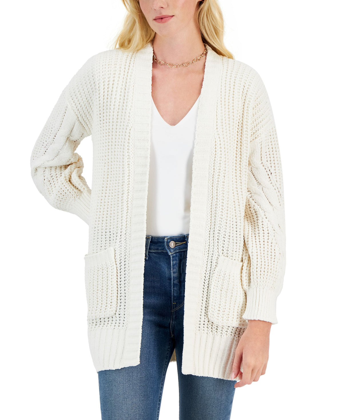 Juniors' Cozy Chenille Cable-Knit Cardigan Sweater