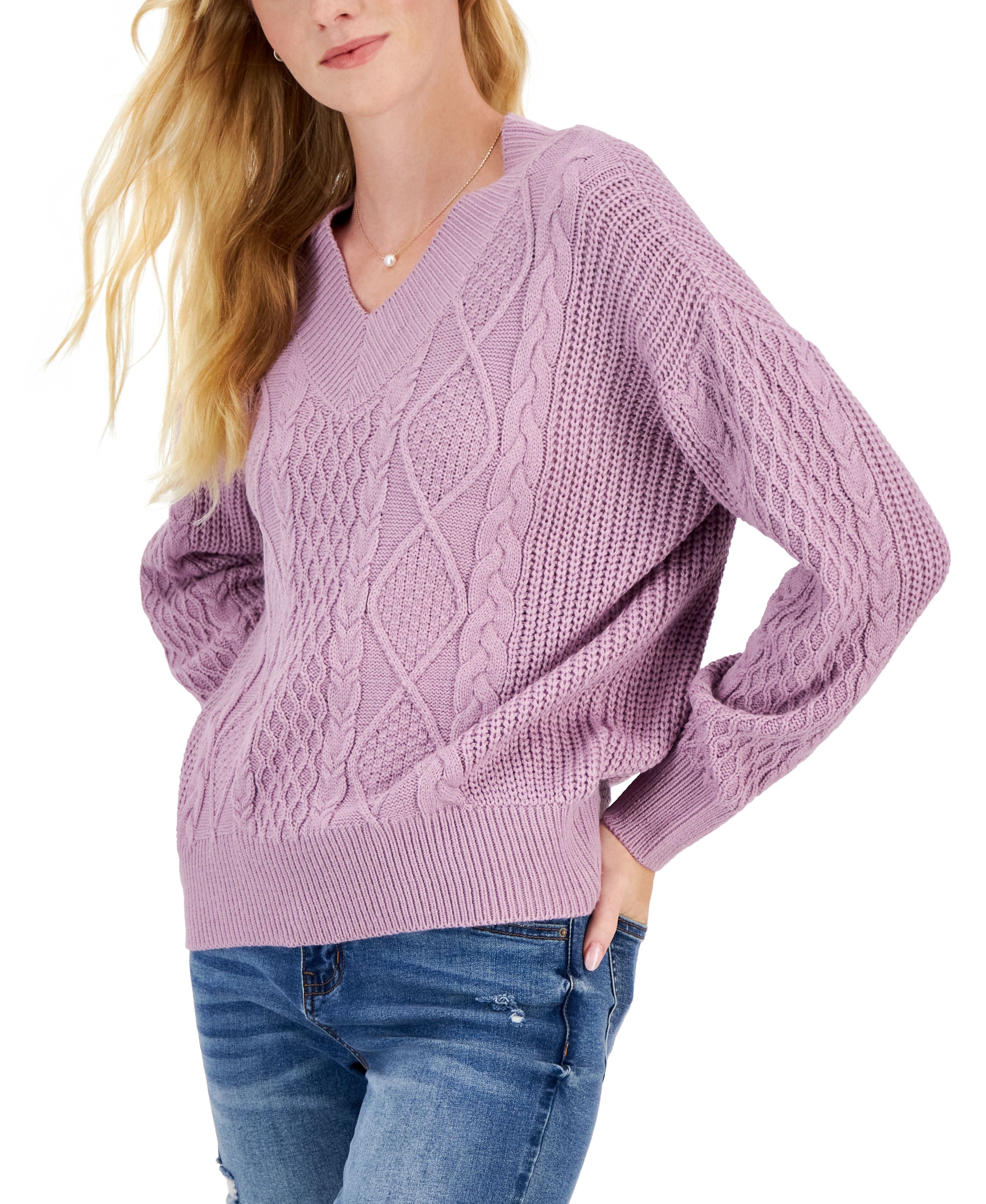 Juniors' V-Neck Cable-Knit Sweater
