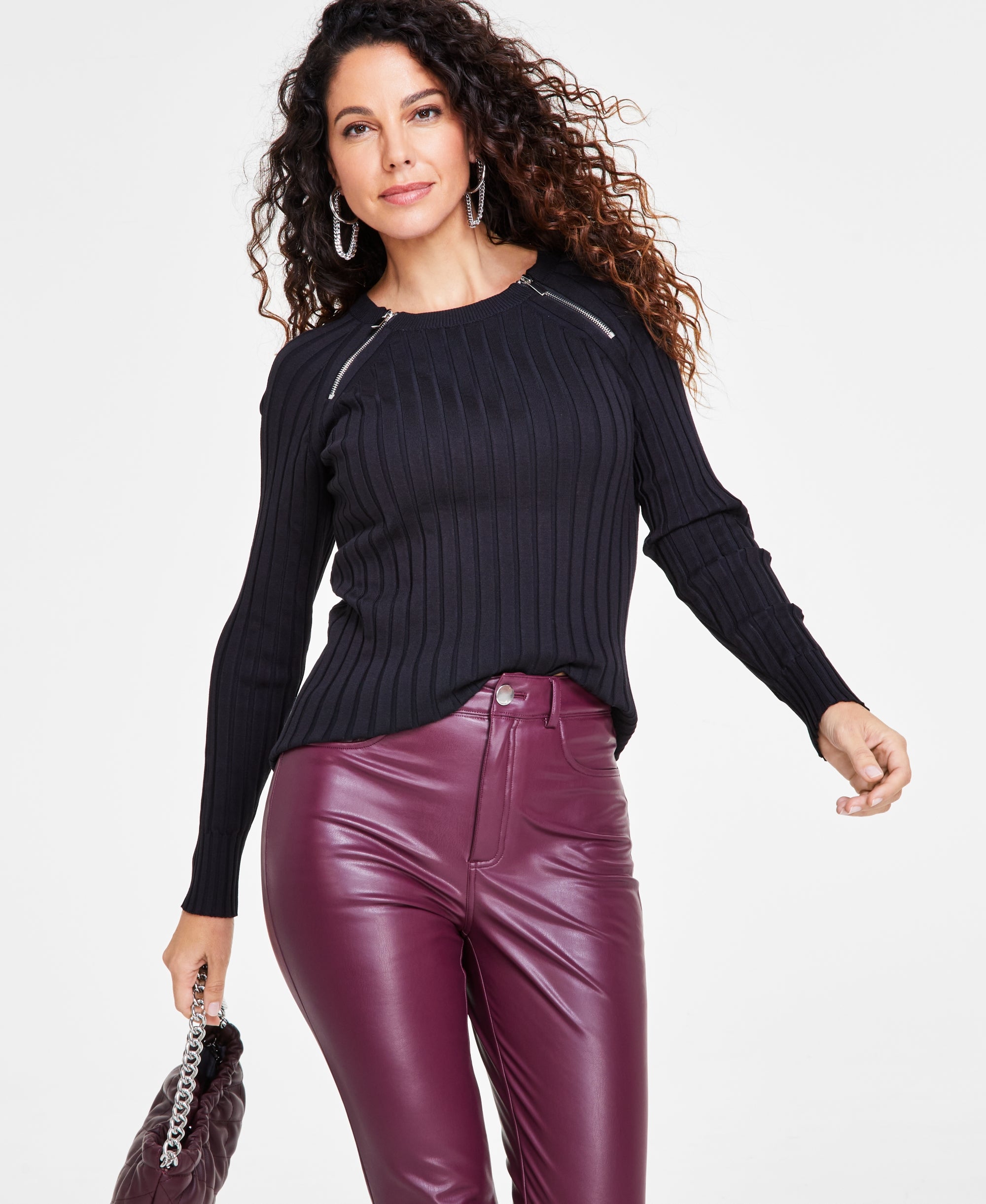 Women's Zipper Detail Ribbed Long Sleeve Sweater