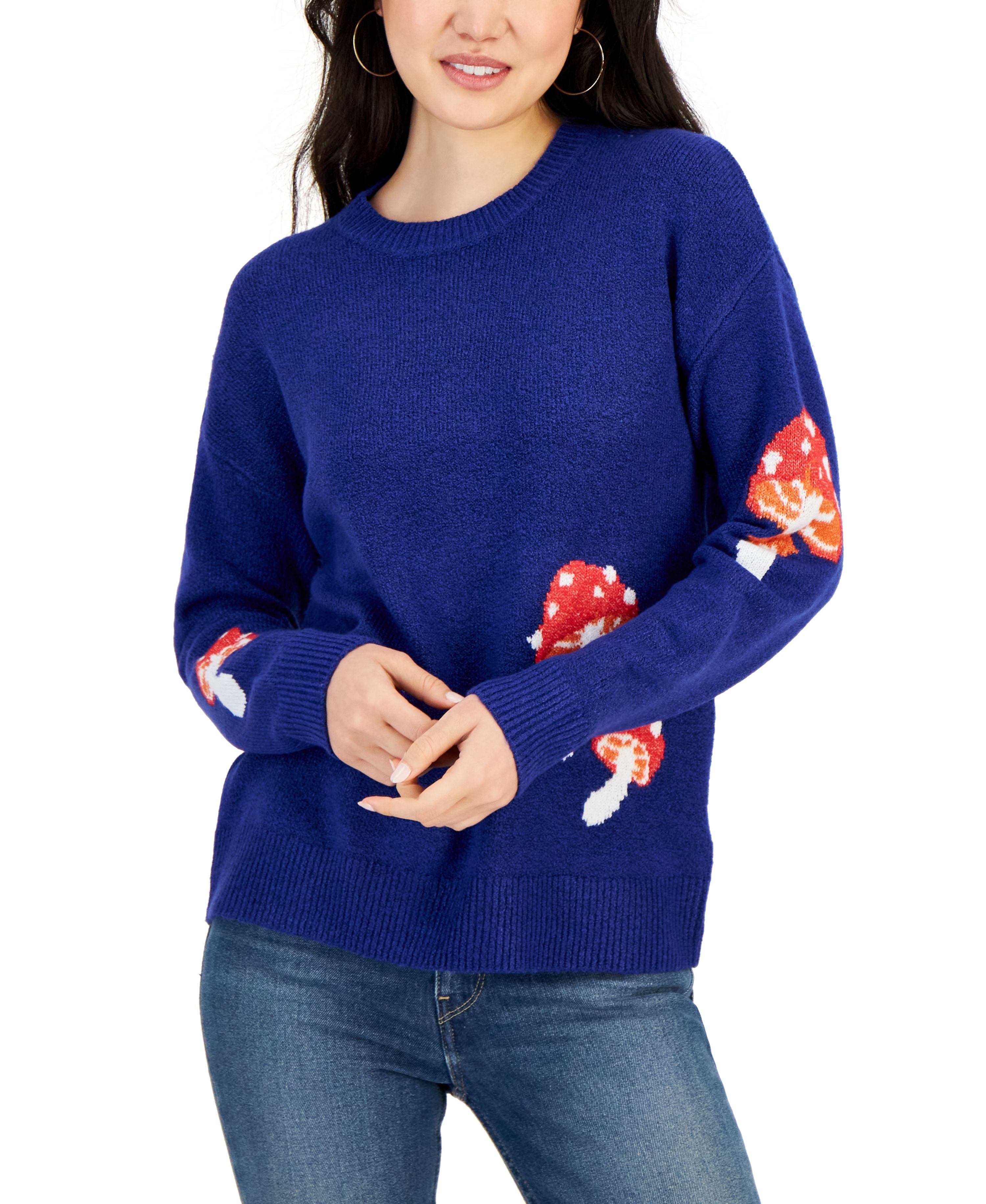 Juniors' Mushroom Printed Crewneck Sweater